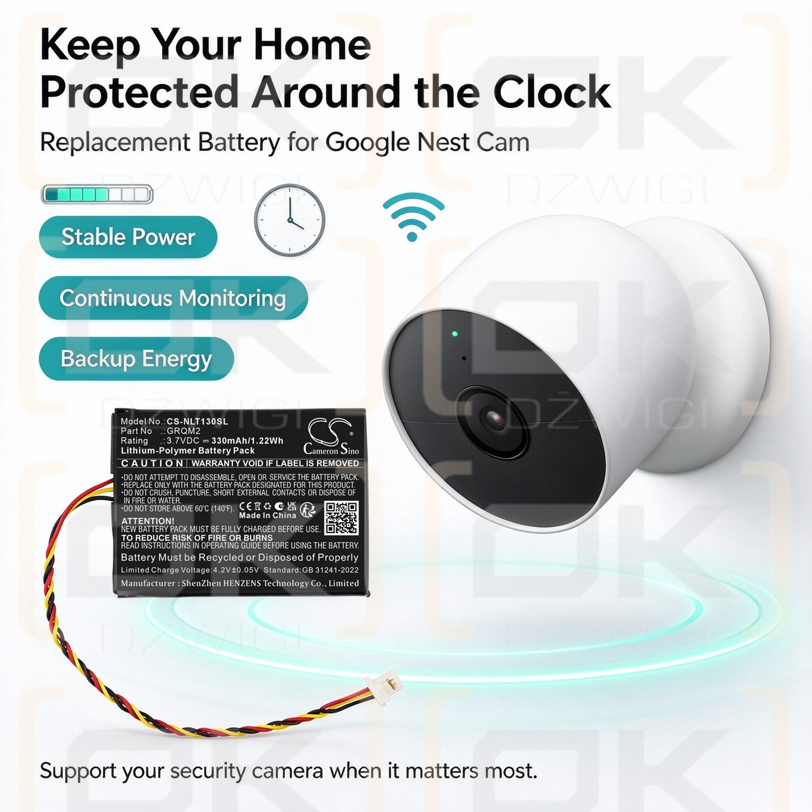 Replacement Battery for Google Nest Cam / GRQM2 330mAh Li-Polymer 3.7V (Cameron Sino)