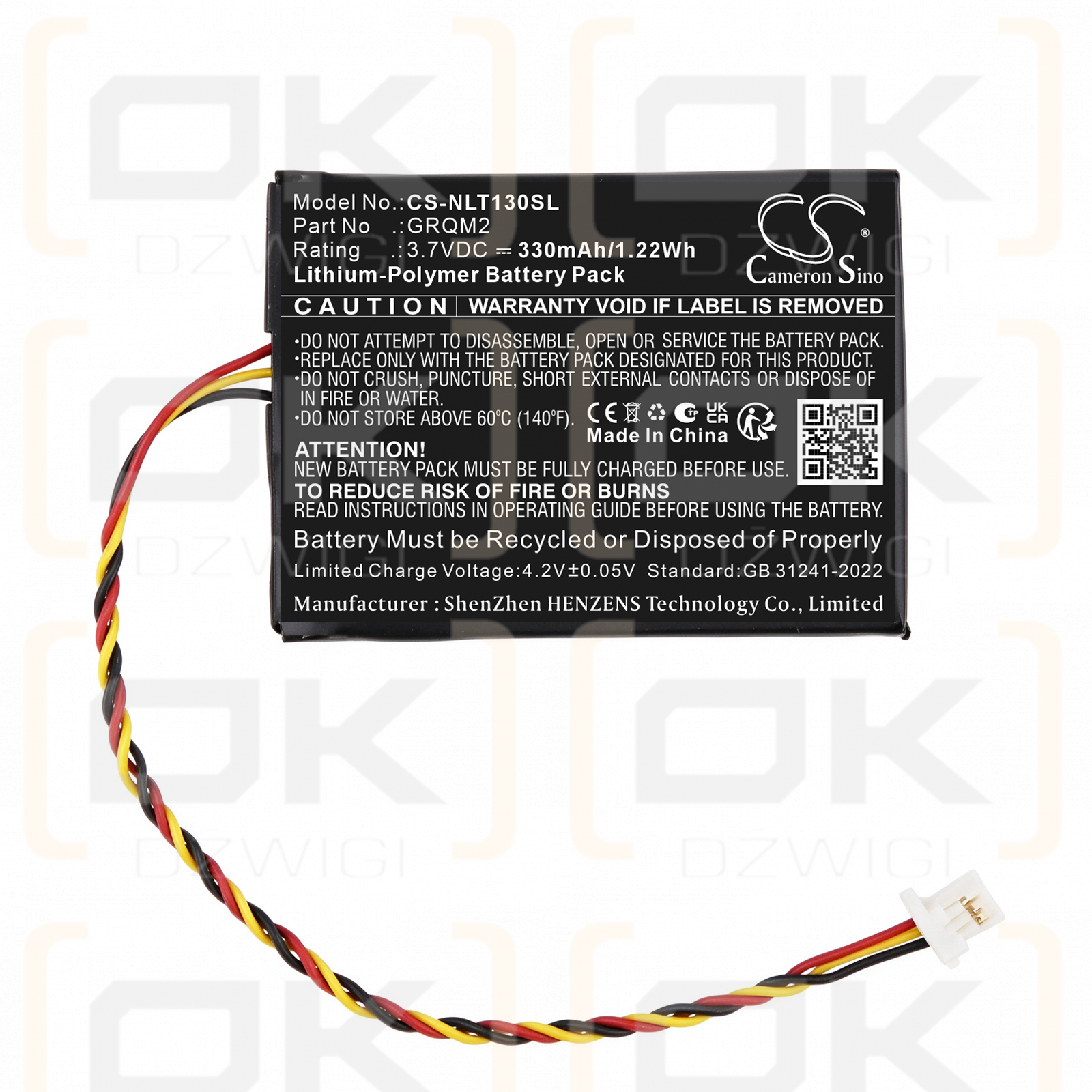 Replacement Battery for Google Nest Cam / GRQM2 330mAh Li-Polymer 3.7V (Cameron Sino)