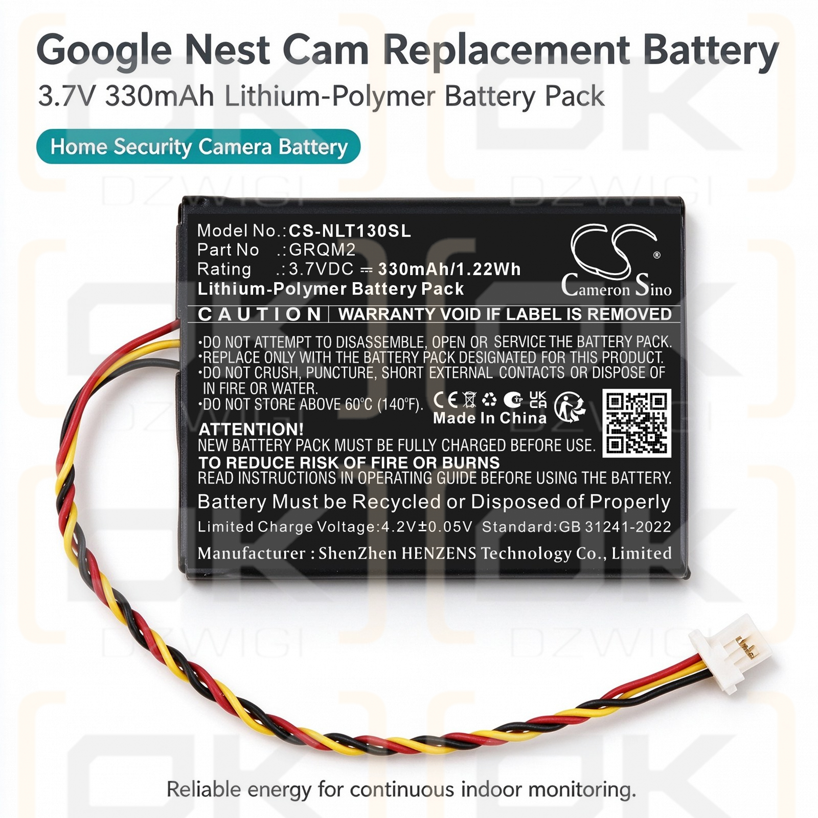Replacement Battery for Google Nest Cam / GRQM2 330mAh Li-Polymer 3.7V (Cameron Sino)