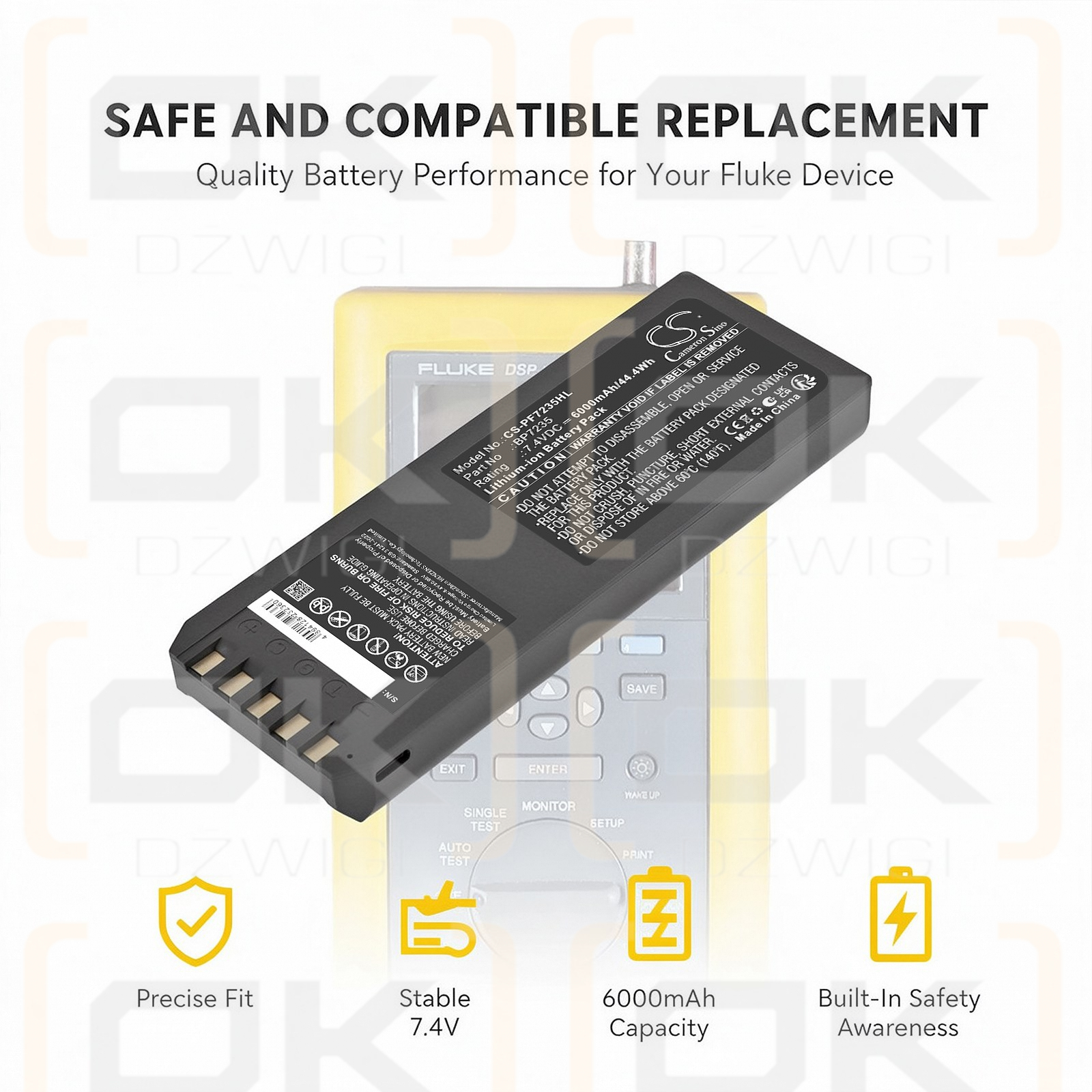Replacement battery for Fluke DSP4300 cable tester / 668225 6000 mAh Li-ion 7.4 V (Cameron Sino)
