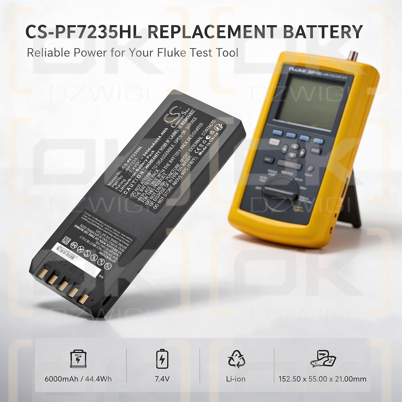 Replacement battery for Fluke DSP4300 cable tester / 668225 6000 mAh Li-ion 7.4 V (Cameron Sino)