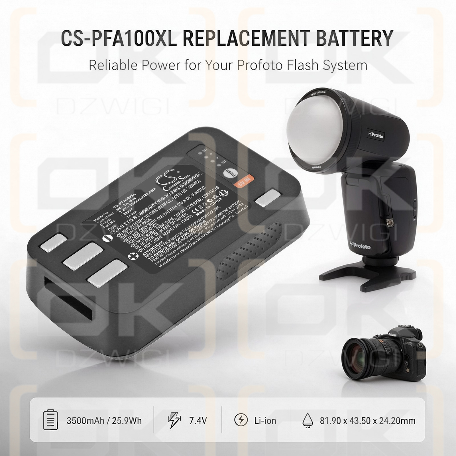 Ersatzakku für Profoto A10 / 29597 3500 mAh Li-Ion 7,4 V (Cameron Sino)