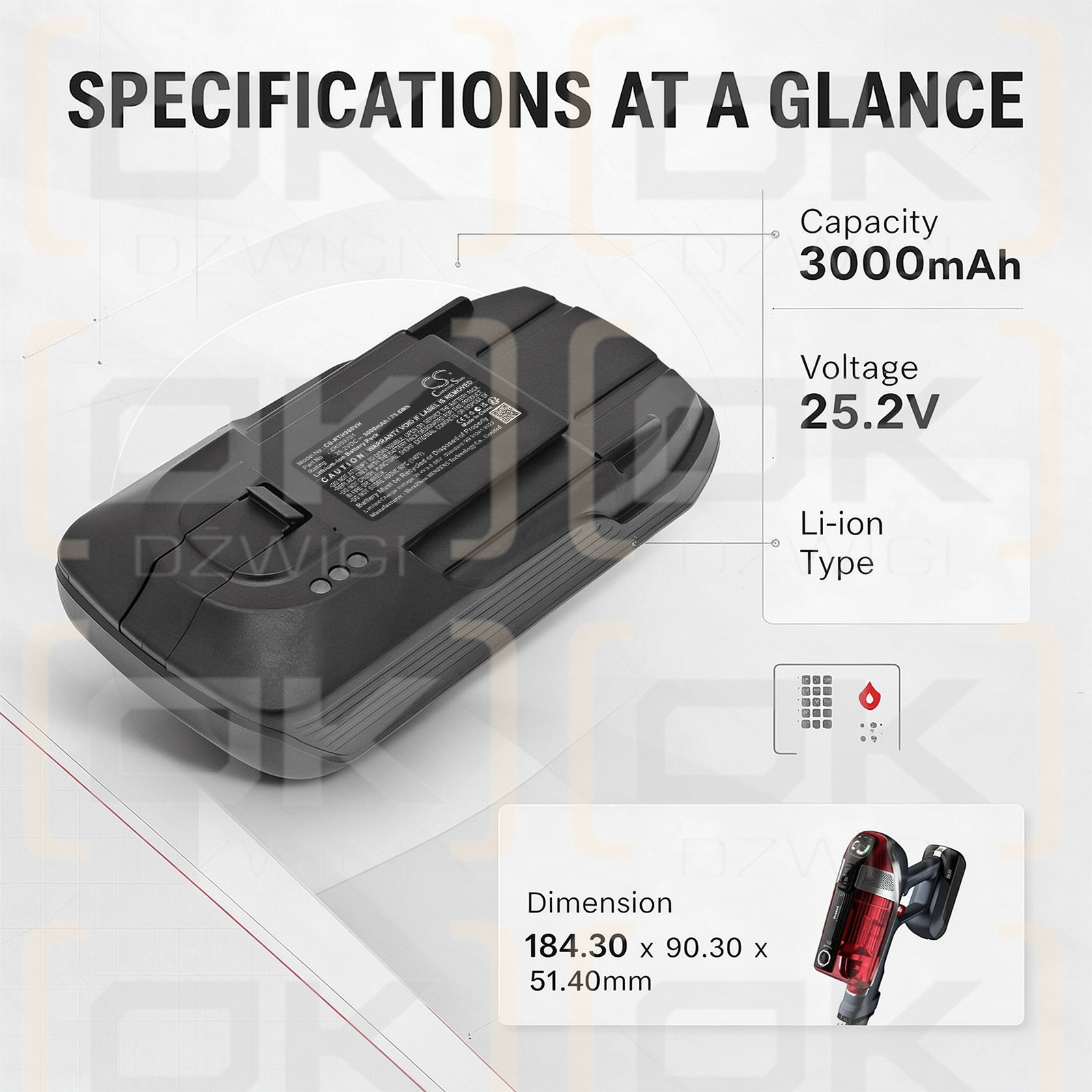 Batería de repuesto para Rowenta X-Force Flex 12.60 / SS-2230002965 3000 mAh Li-ion 25.2 V (Cameron Sino)