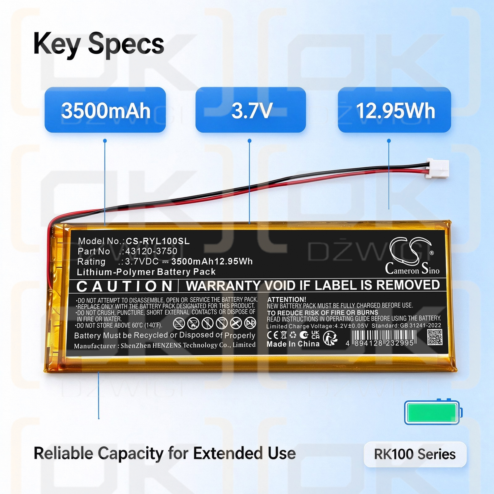 Replacement Battery for Royal Kludge R75 Pro / 43120-3750 3500 mAh Li-Polymer 3.7 V (Cameron Sino)