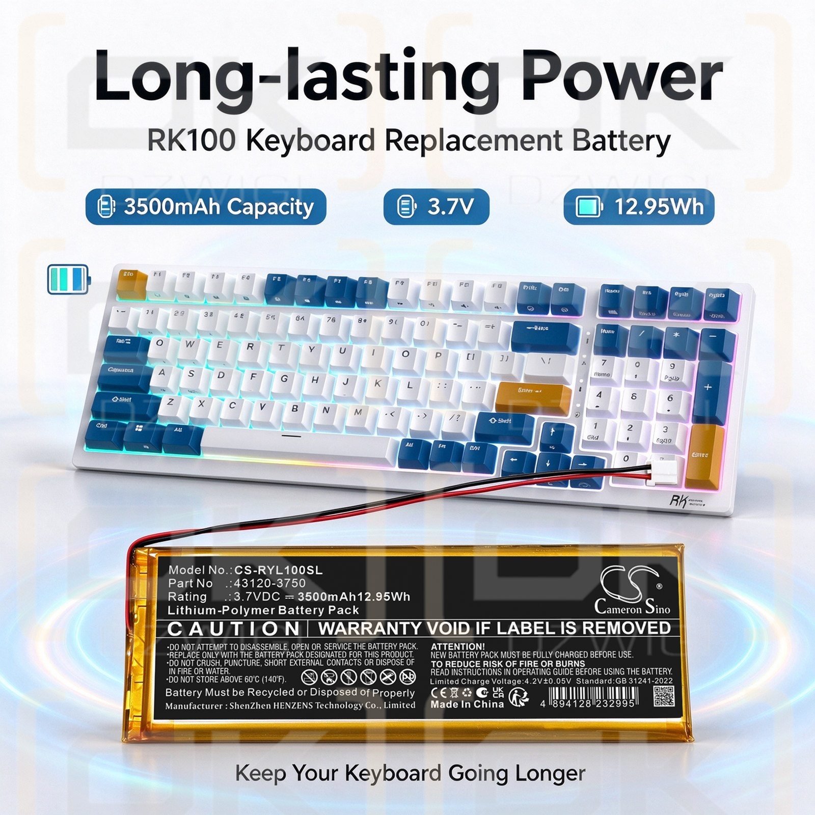 Replacement Battery for Royal Kludge R75 Pro / 43120-3750 3500 mAh Li-Polymer 3.7 V (Cameron Sino)