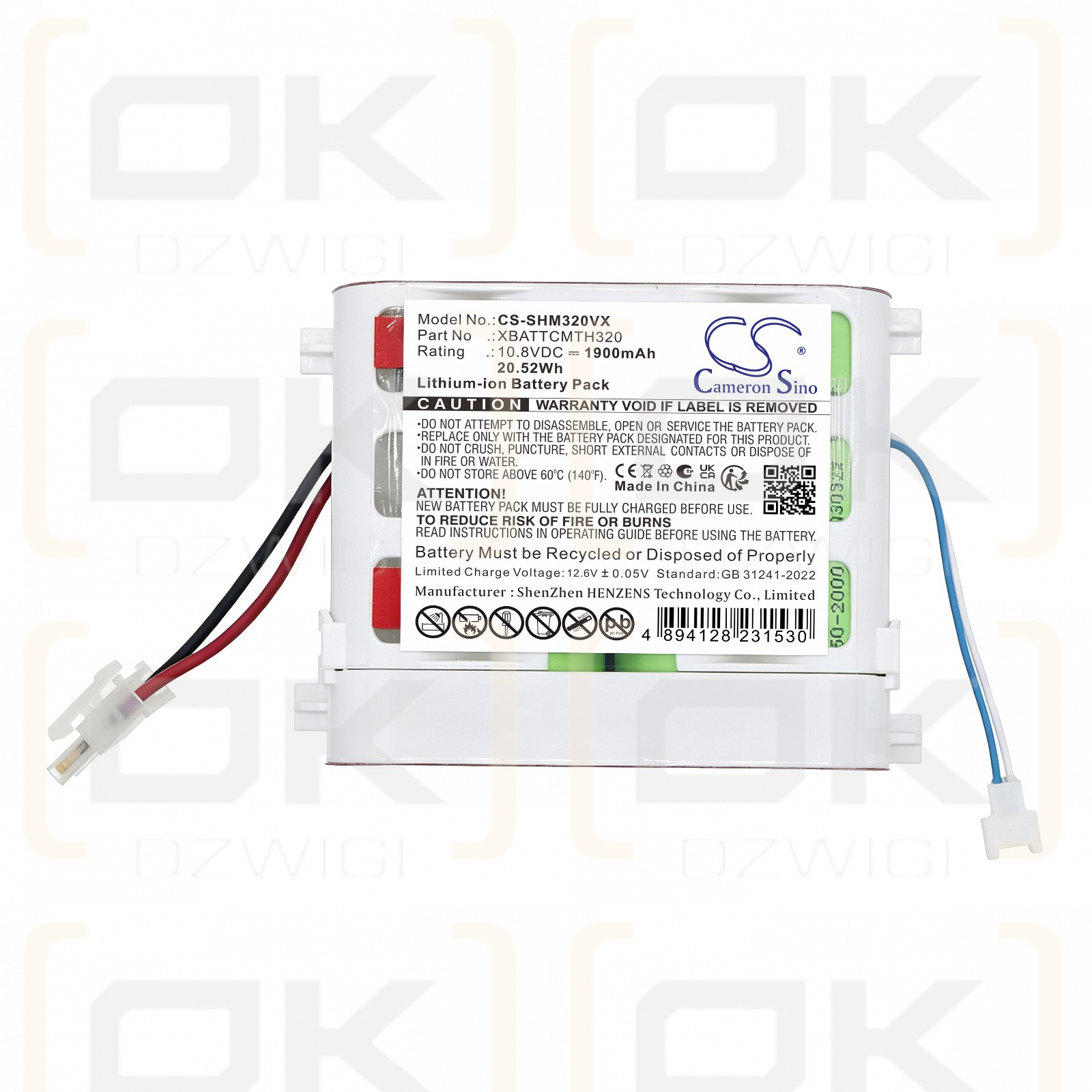 Batería de repuesto para Shark / XBATTCMTH320 1900mAh Li-ion 10.8V (Cameron Sino)