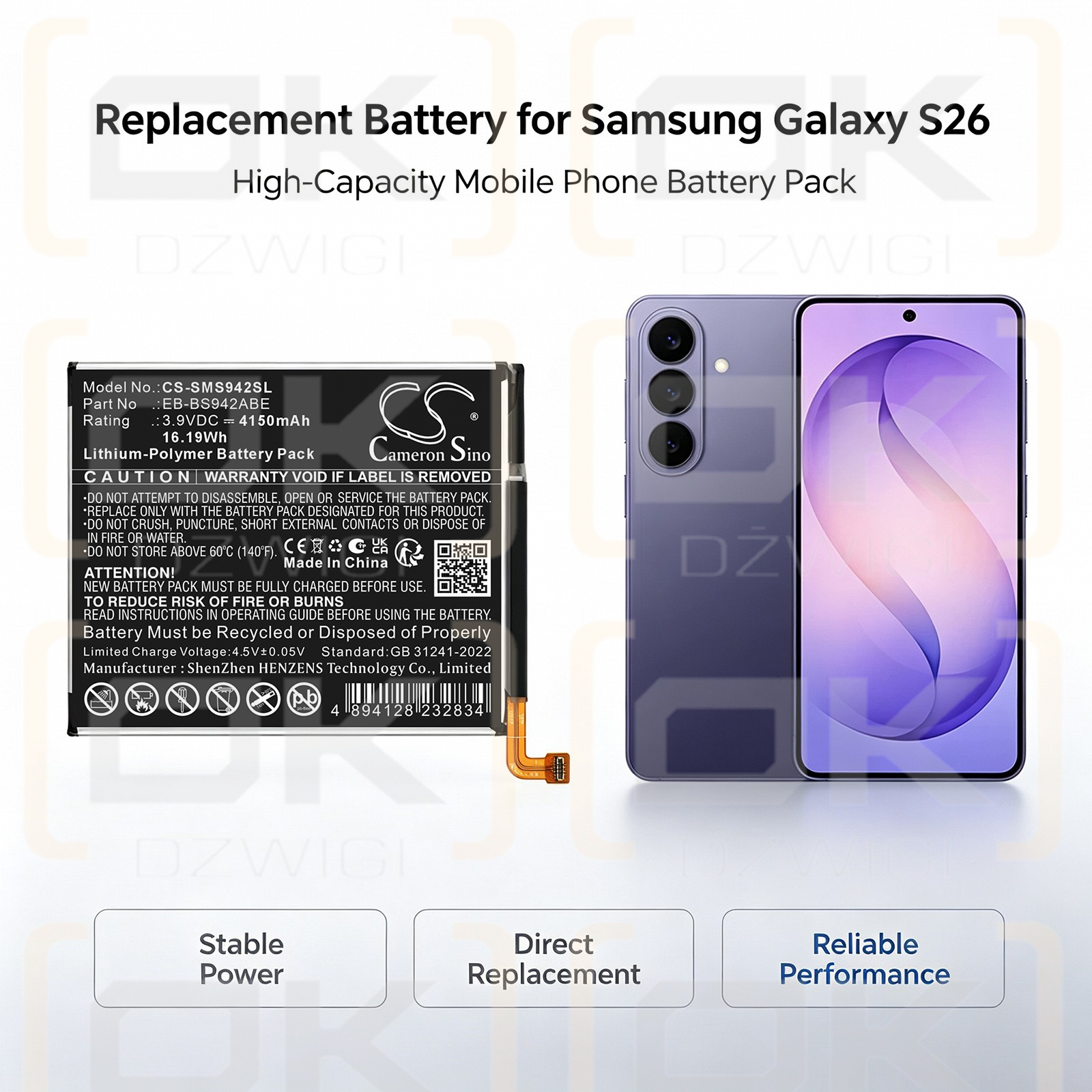 Replacement Battery for Samsung SM-S942B/DS / EB-BS942ABE 4150 mAh Li-Polymer 3.9 V (Cameron Sino)