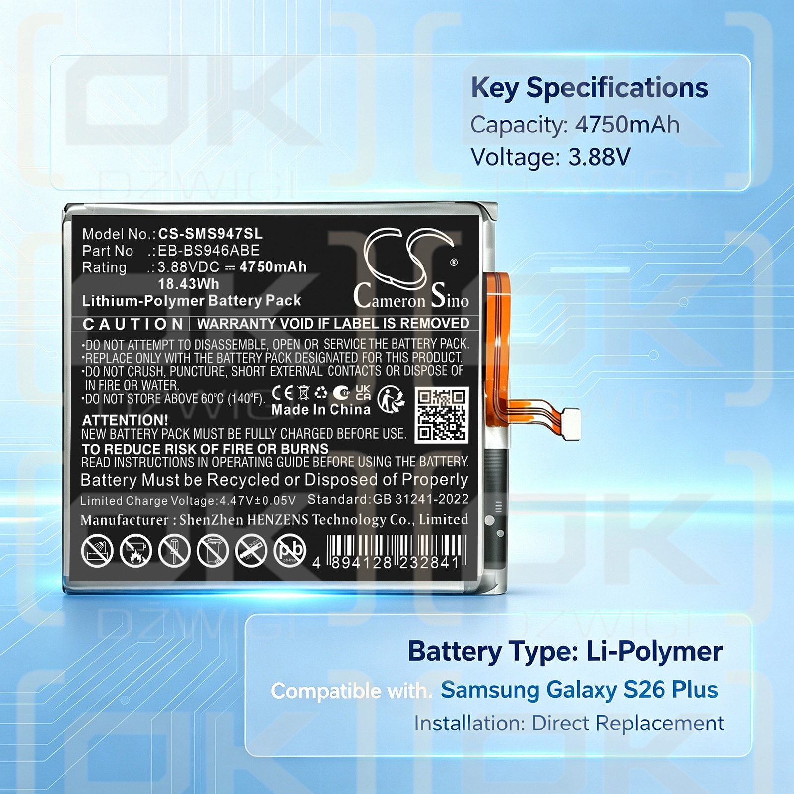 Replacement Battery for Samsung SM-S947B/DB / EB-BS946ABE 4750 mAh Li-Polymer 3.88 V (Cameron Sino)