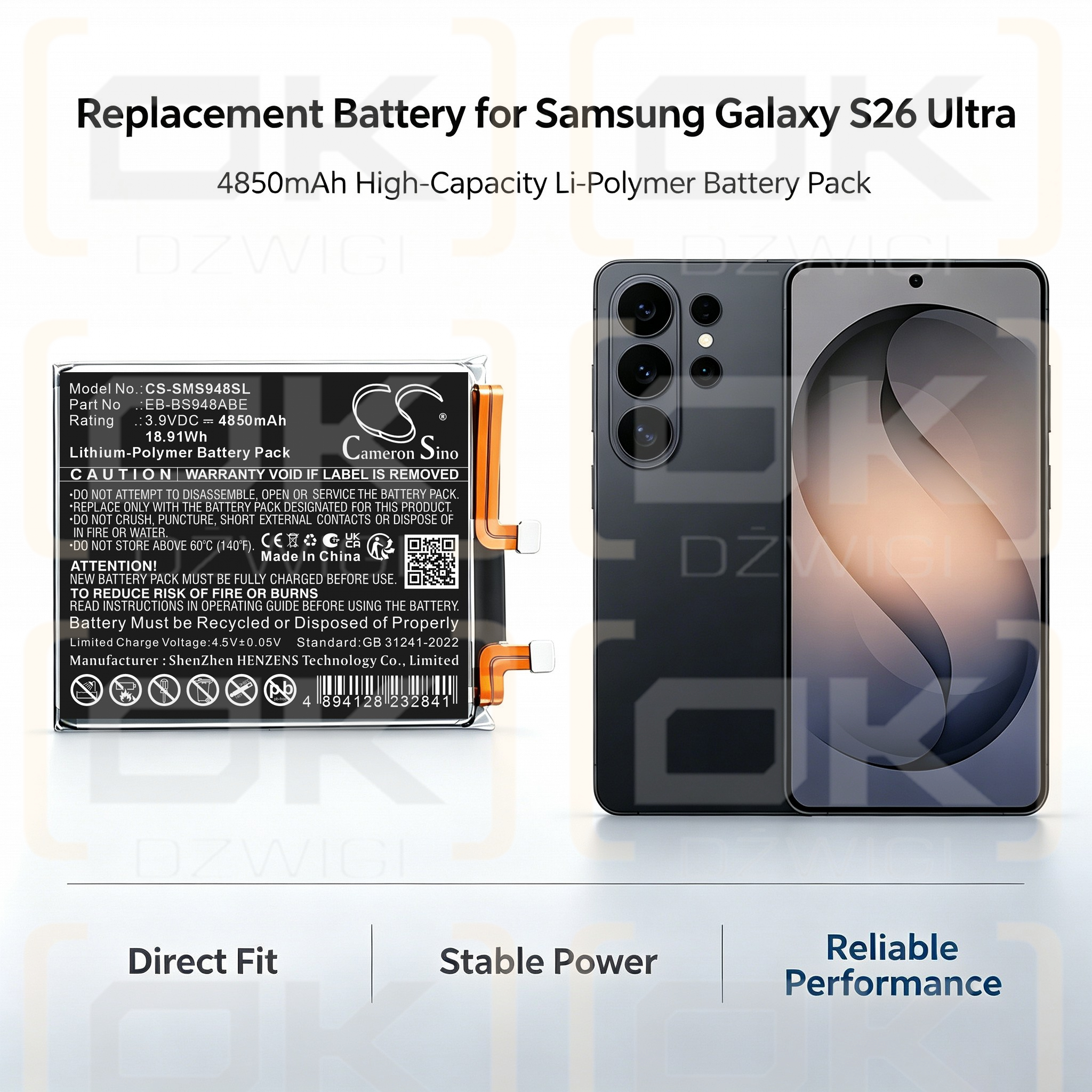 Replacement Battery for Samsung SM-S948U1 / EB-BS948ABE 4850 mAh Li-Polymer 3.9 V (Cameron Sino)