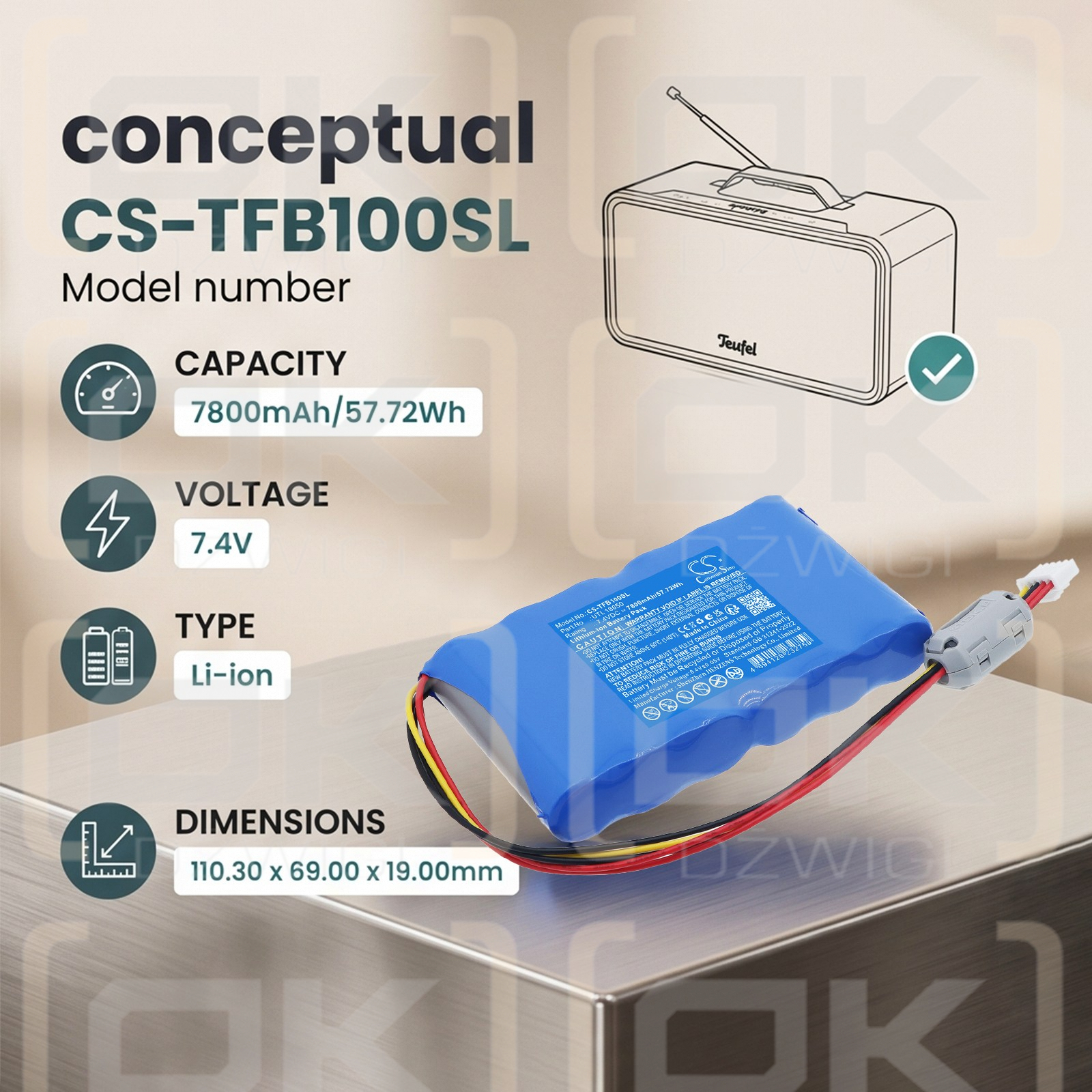 Сменный аккумулятор для беспроводного динамика Teufel Boomster BT / UTL 18650 7800 мАч Li-ion 7,4 В (Cameron Sino)