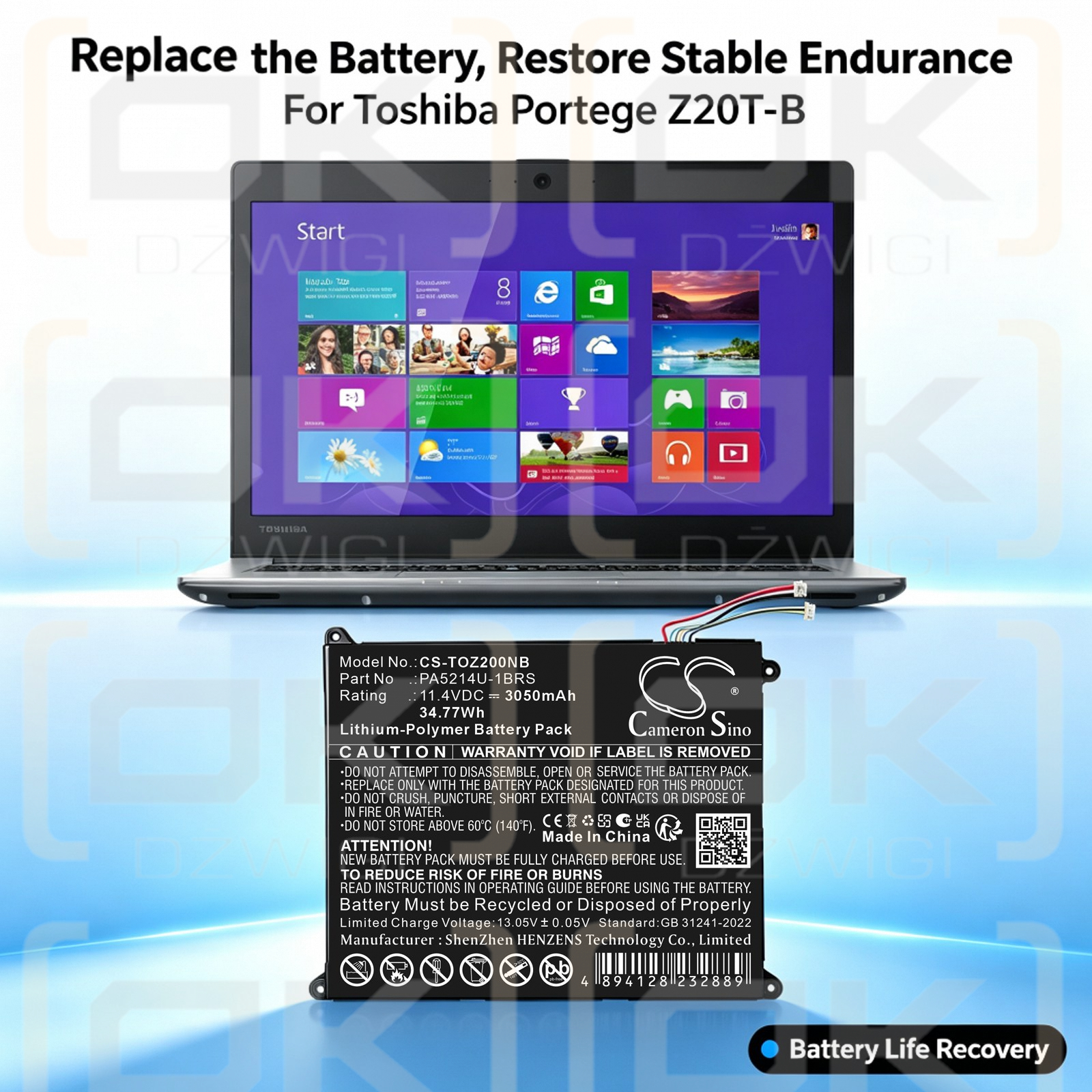 Ersatzakku für Toshiba Portege Z20T-B-124 / PA5214U-1BRS 3050 mAh Li-Polymer 11,4 V (Cameron Sino)