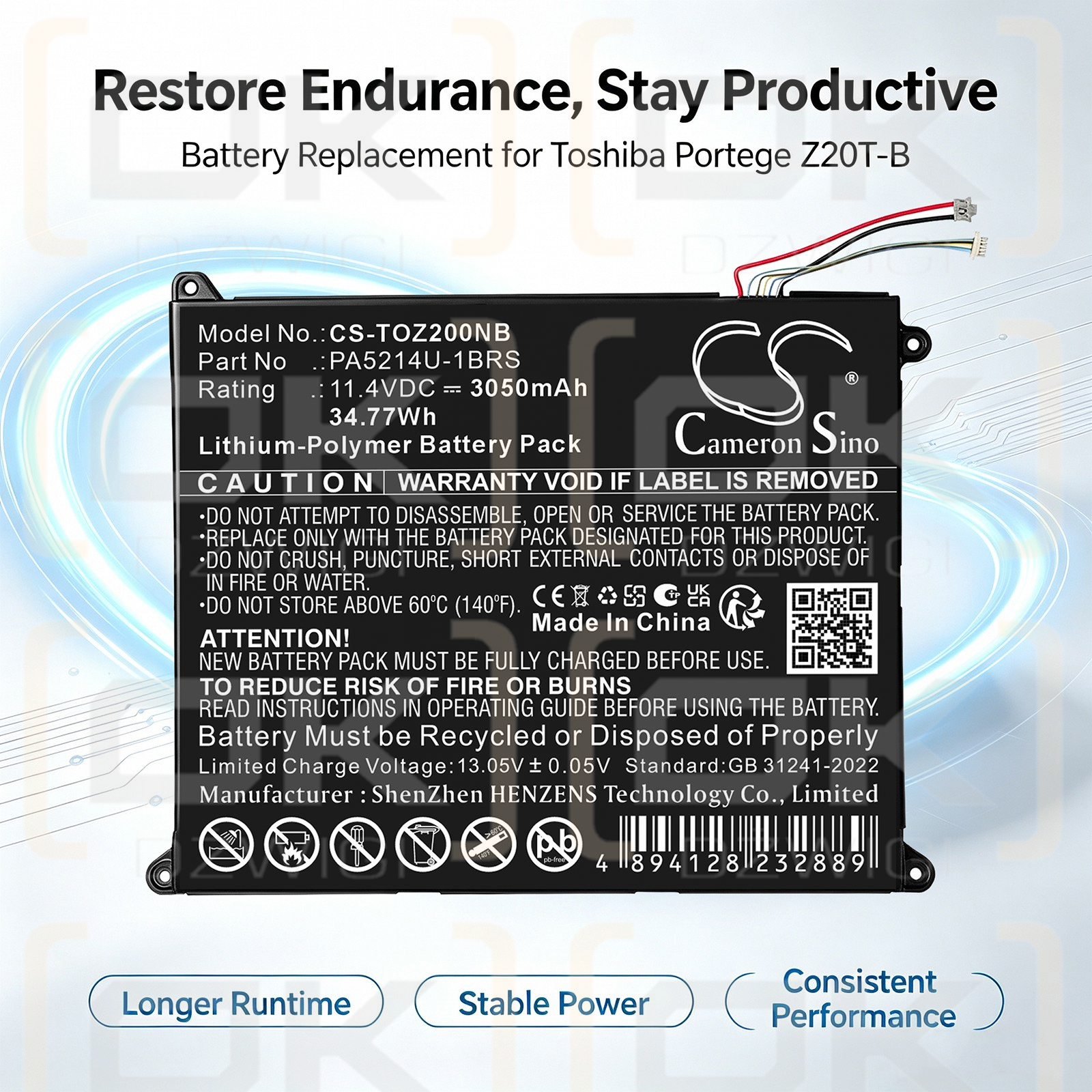 Ersatzakku für Toshiba Portege Z20T-B-124 / PA5214U-1BRS 3050 mAh Li-Polymer 11,4 V (Cameron Sino)