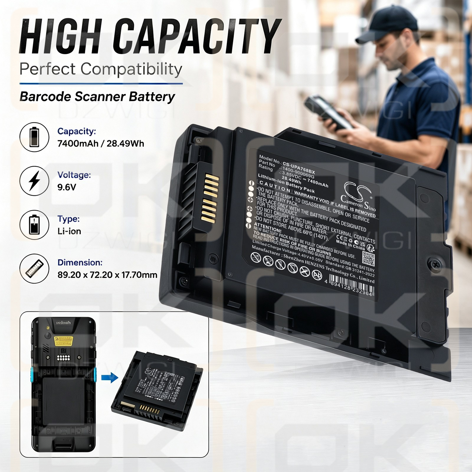 Batería de repuesto para el ordenador móvil robusto Unitech PA768 / 1400-900072G 7400 mAh Li-ion 3,85 V (Cameron Sino)