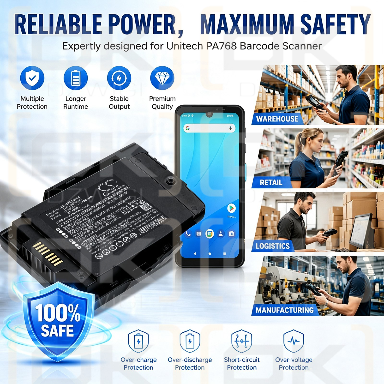Batería de repuesto para el ordenador móvil robusto Unitech PA768 / 1400-900072G 7400 mAh Li-ion 3,85 V (Cameron Sino)