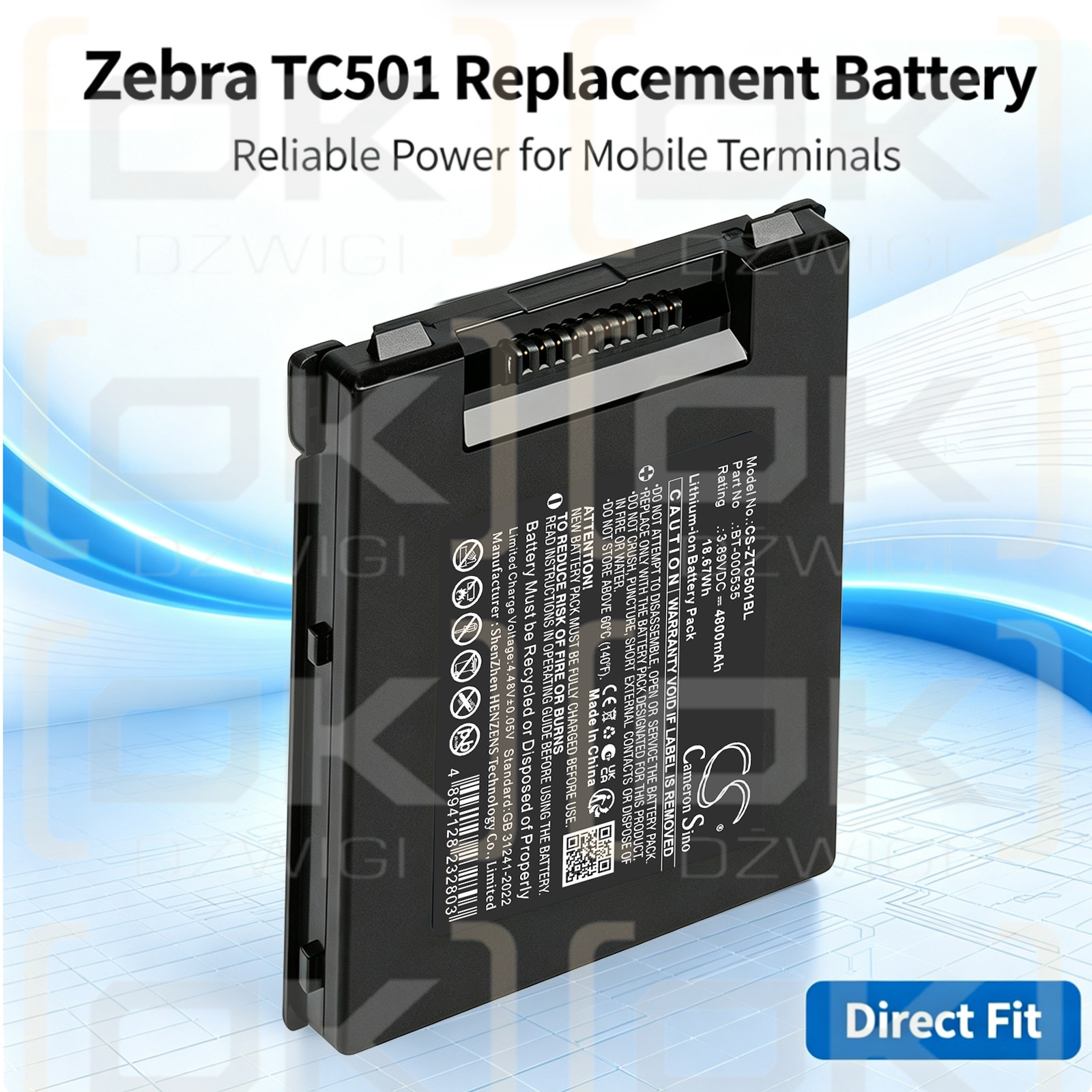 Batería de repuesto para Zebra TC701G / BT-000535, 4800 mAh, iones de litio, 3,89 V (Cameron Sino)