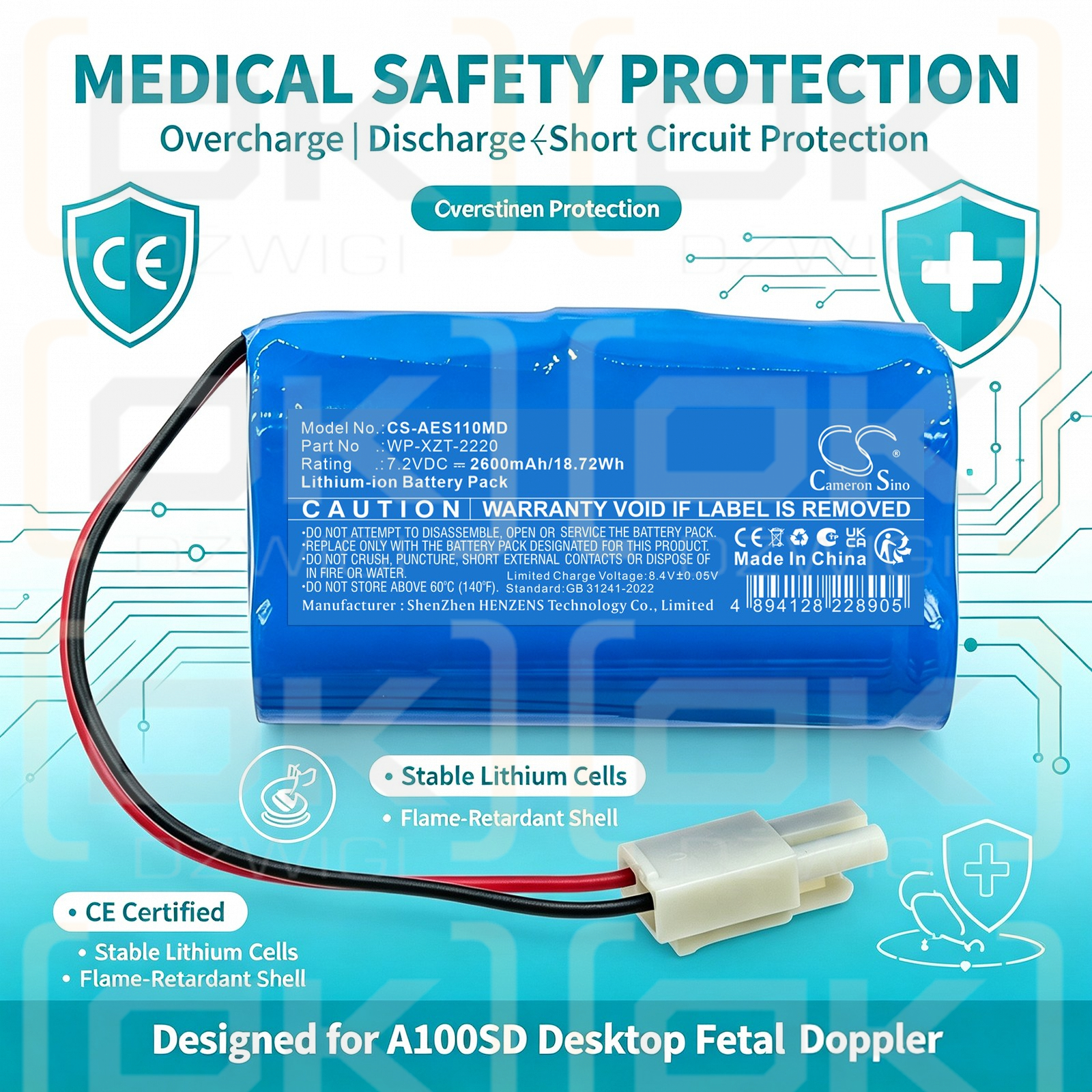 Ersatzakku für Aeonmed A100SD / WP-XZT-2220 2600mAh Li-Ion 7,2V (Cameron Sino)