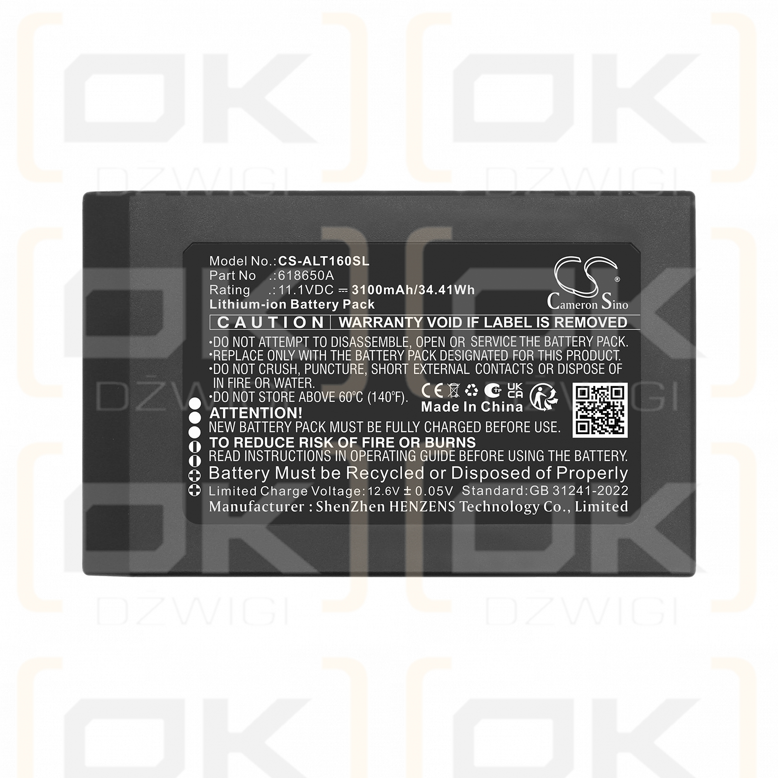 Batería de repuesto para Eloik T16 / 618650A 3100 mAh Li-ion 11.1 V (Cameron Sino)