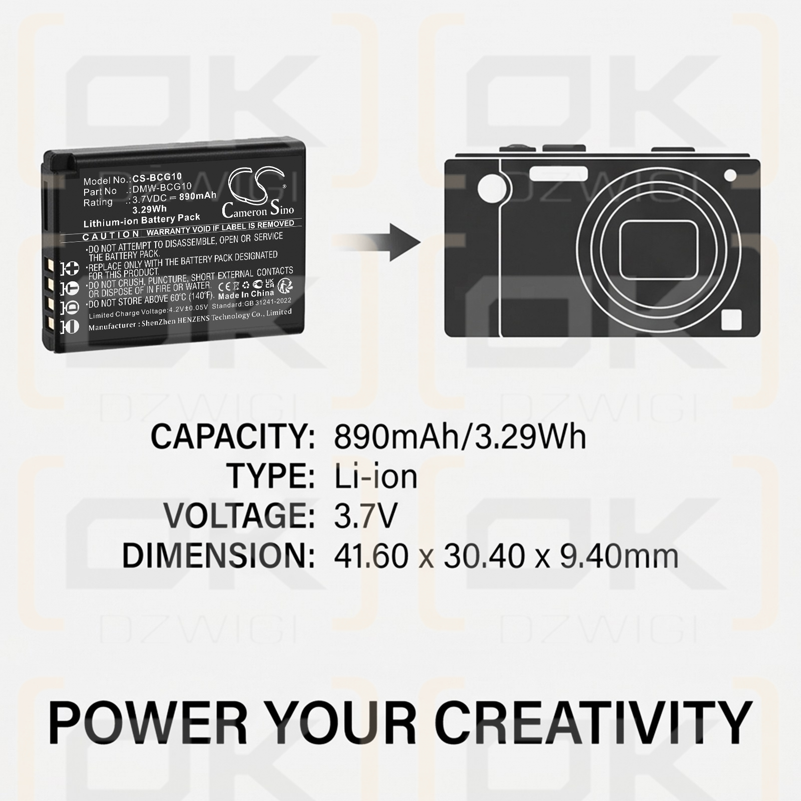 Ersatzakku für Panasonic Lumix DMC-ZX3K / DMW-BCG10 890 mAh Li-Ion 3,7 V (Cameron Sino)