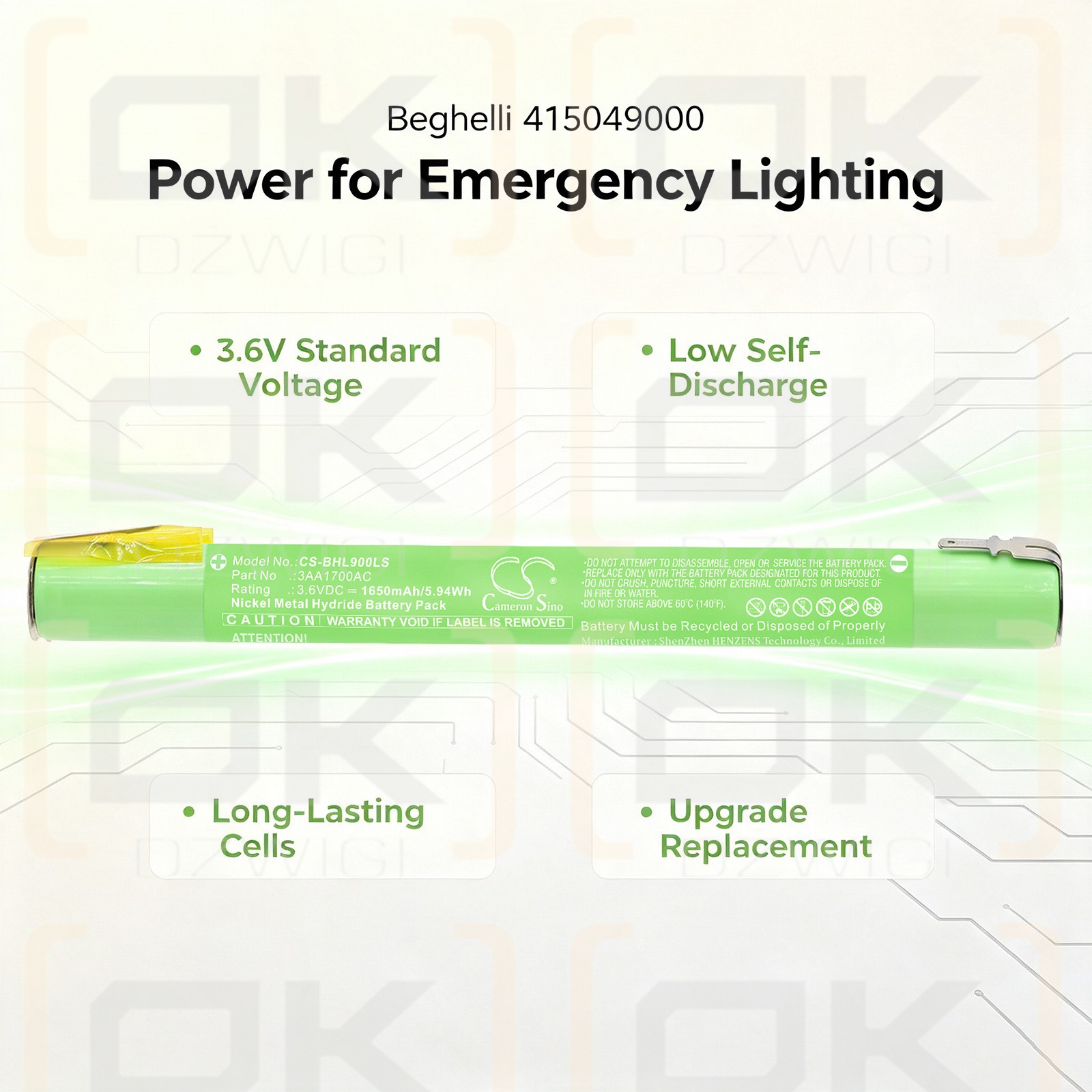 Batería de repuesto para Beghelli 415049000 / 3AA1700AC 1650 mAh Ni-MH 3,6 V (Cameron Sino)