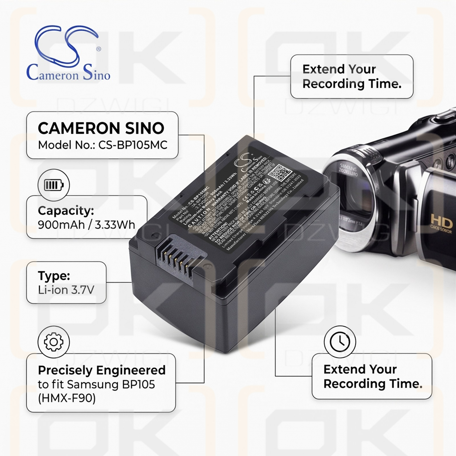 Ersatzakku für Samsung SMX-F70BP / IA-BP105R 900mAh Li-Ion 3,7V (Cameron Sino)