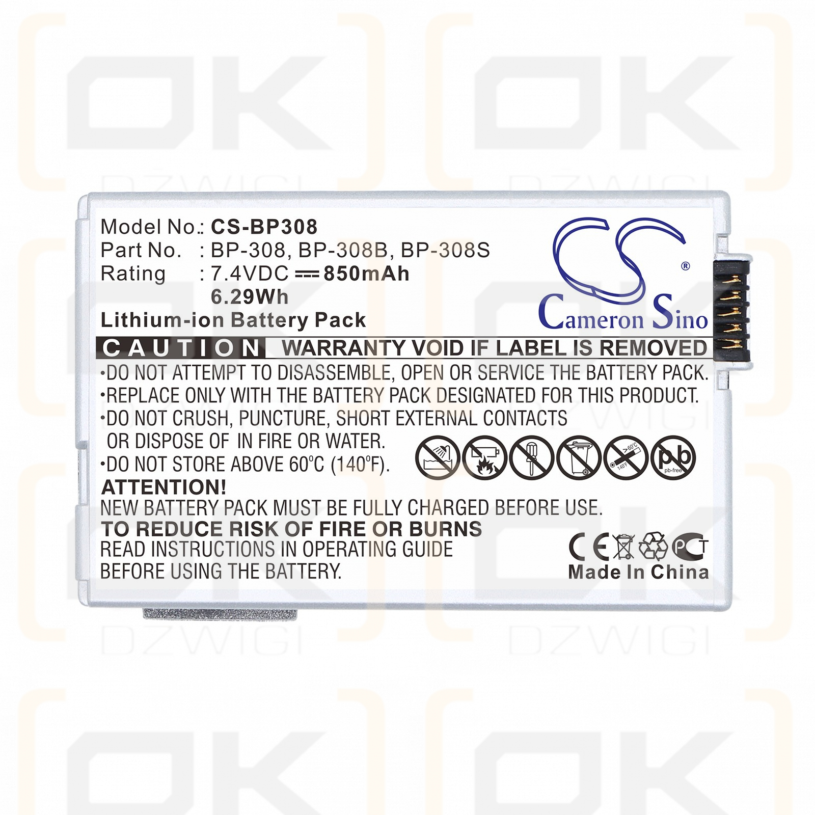 Ersatzakku für Canon Optura 600 / BP-308 850 mAh Li-Ion 7,4 V (Cameron Sino)