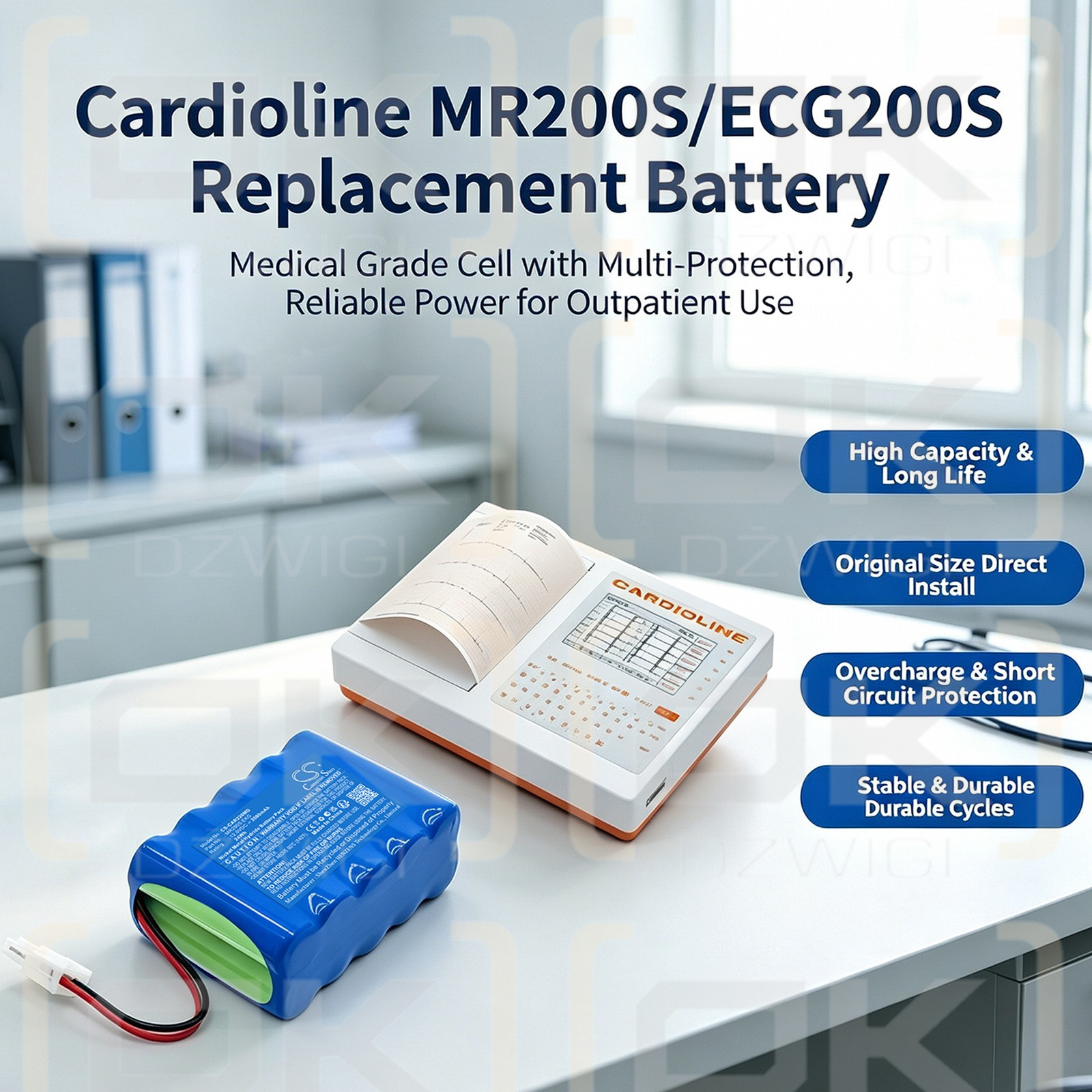 Batería de repuesto para electrocardiógrafo Cardioline MR1200L, 2000 mAh, Ni-MH, 12 V (Cameron Sino)