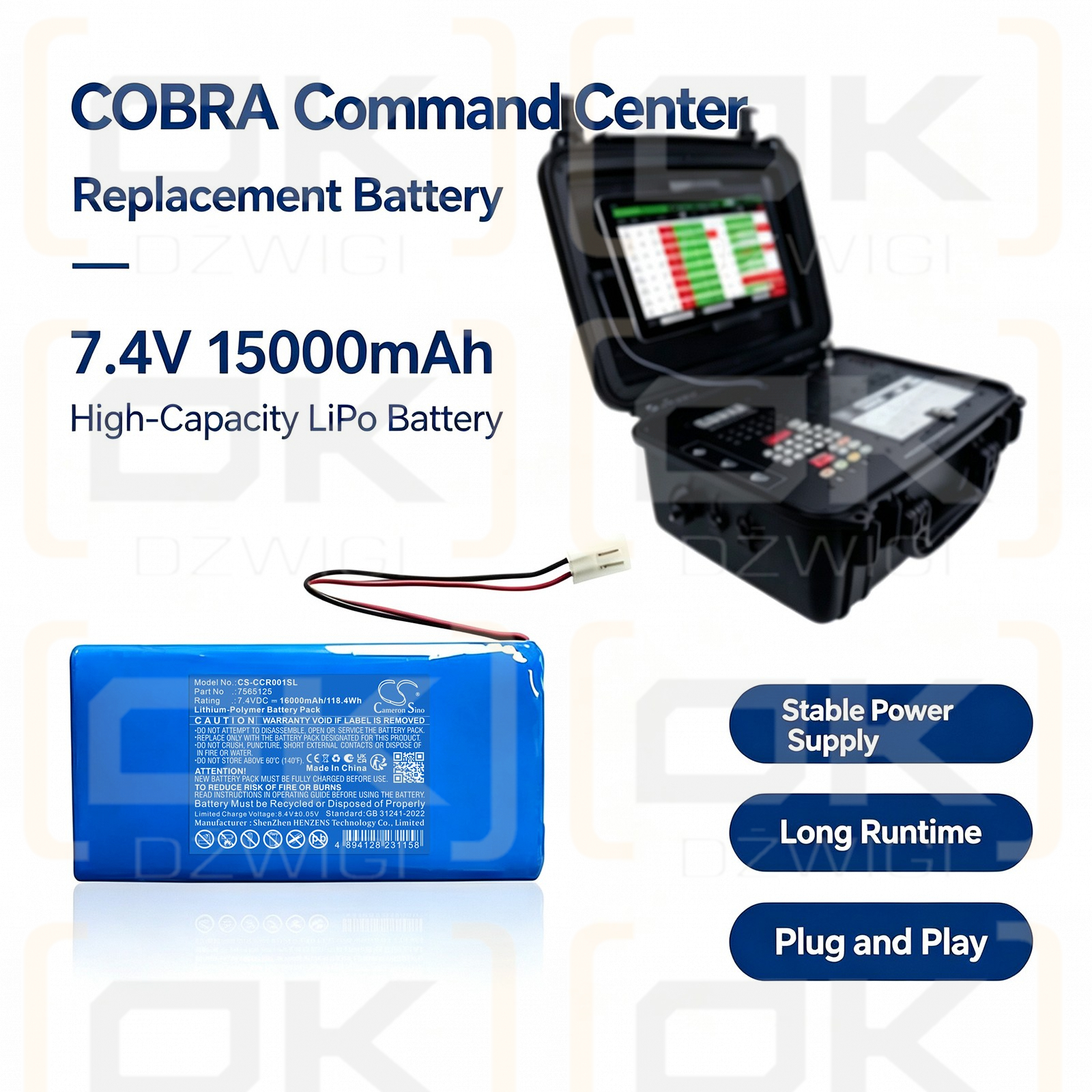 Batería de repuesto para Cobra Command Center / 7565125 16000 mAh Li-Polymer 7.4 V (Cameron Sino)