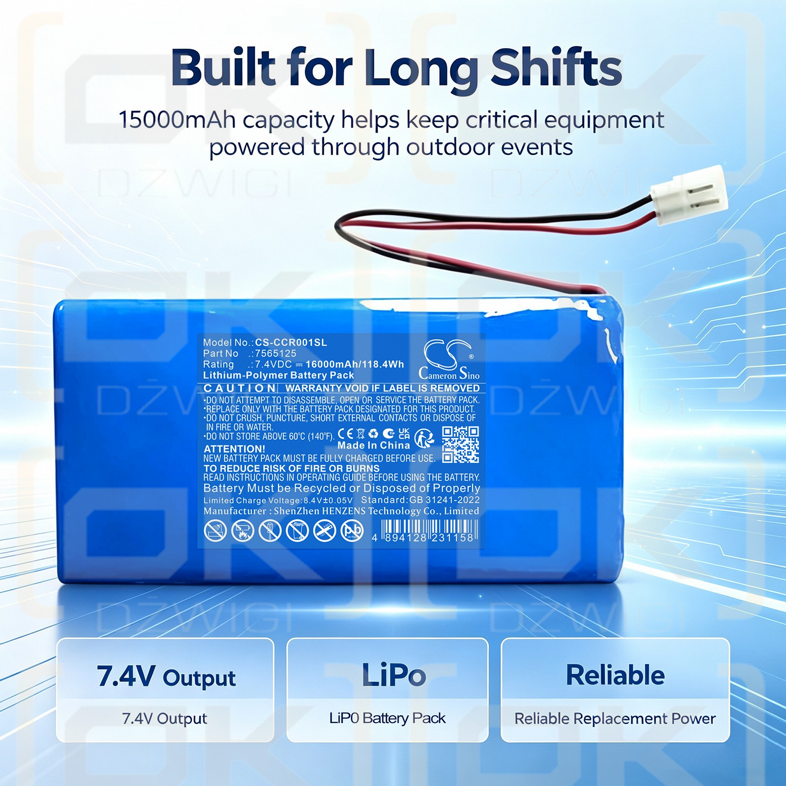 Batería de repuesto para Cobra Command Center / 7565125 16000 mAh Li-Polymer 7.4 V (Cameron Sino)