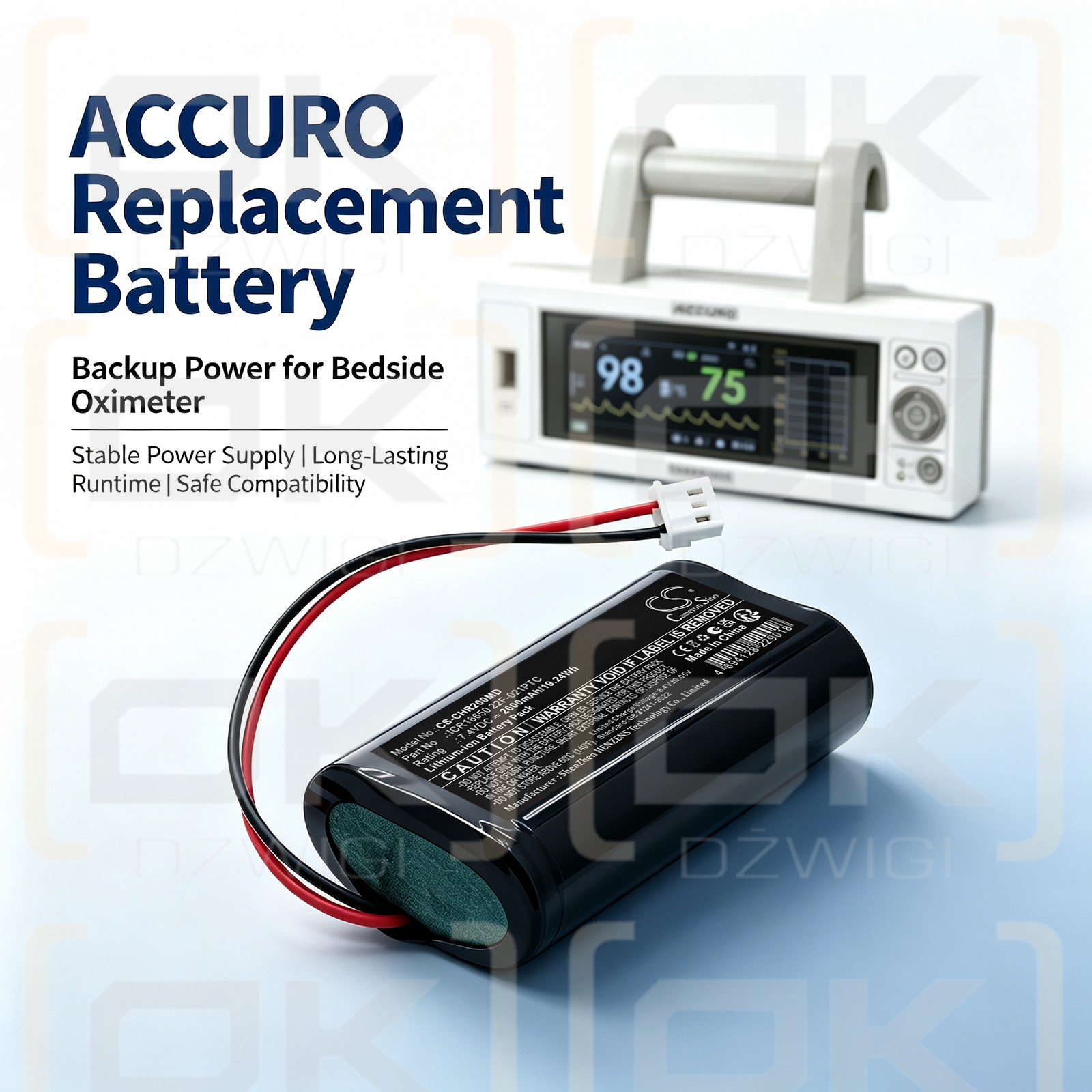 Batería de repuesto para oxímetro de pulso de cabecera CHARMCARE ACCURO Versatile / ICR18650 22F-021PTC 2600 mAh Li-ion 7.4 V (Cameron Sino)