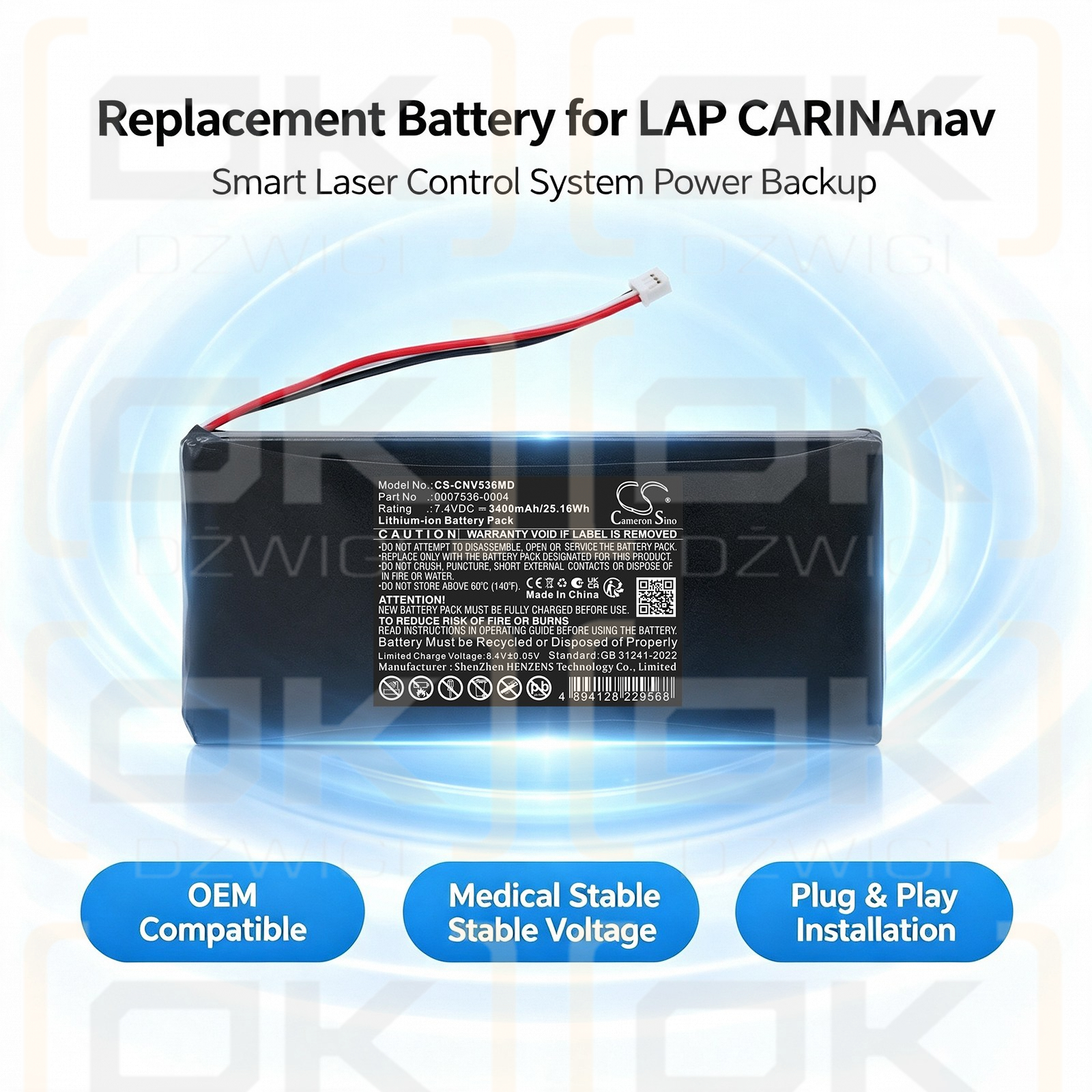 Batería de repuesto para el control láser inteligente LAP CARINAnav / 0007536-0004 3400 mAh Li-ion 7.4 V (Cameron Sino)