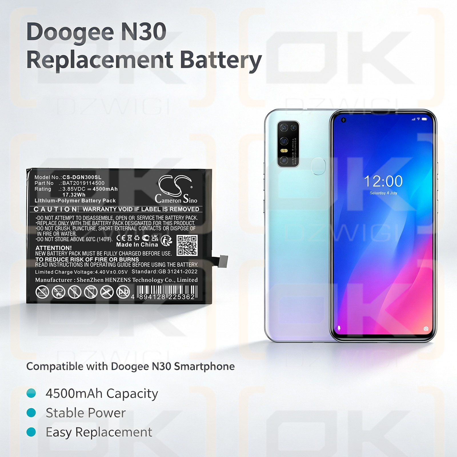 Replacement Battery for Doogee N30 / BAT2019114500 4500mAh Li-Polymer 3.85V (Cameron Sino)
