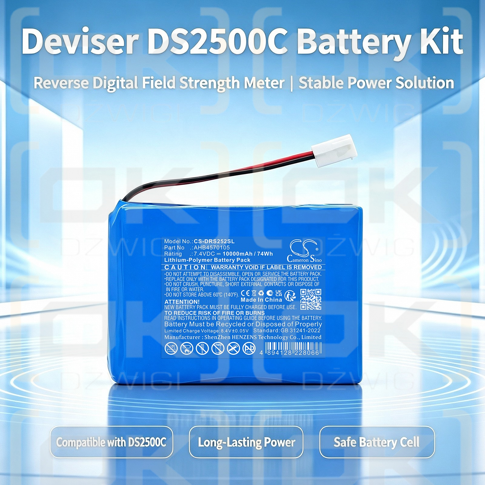Batería de repuesto para Deviser DS2500C / AHB4570105, 10000 mAh, polímero de litio, 7,4 V (Cameron Sino)