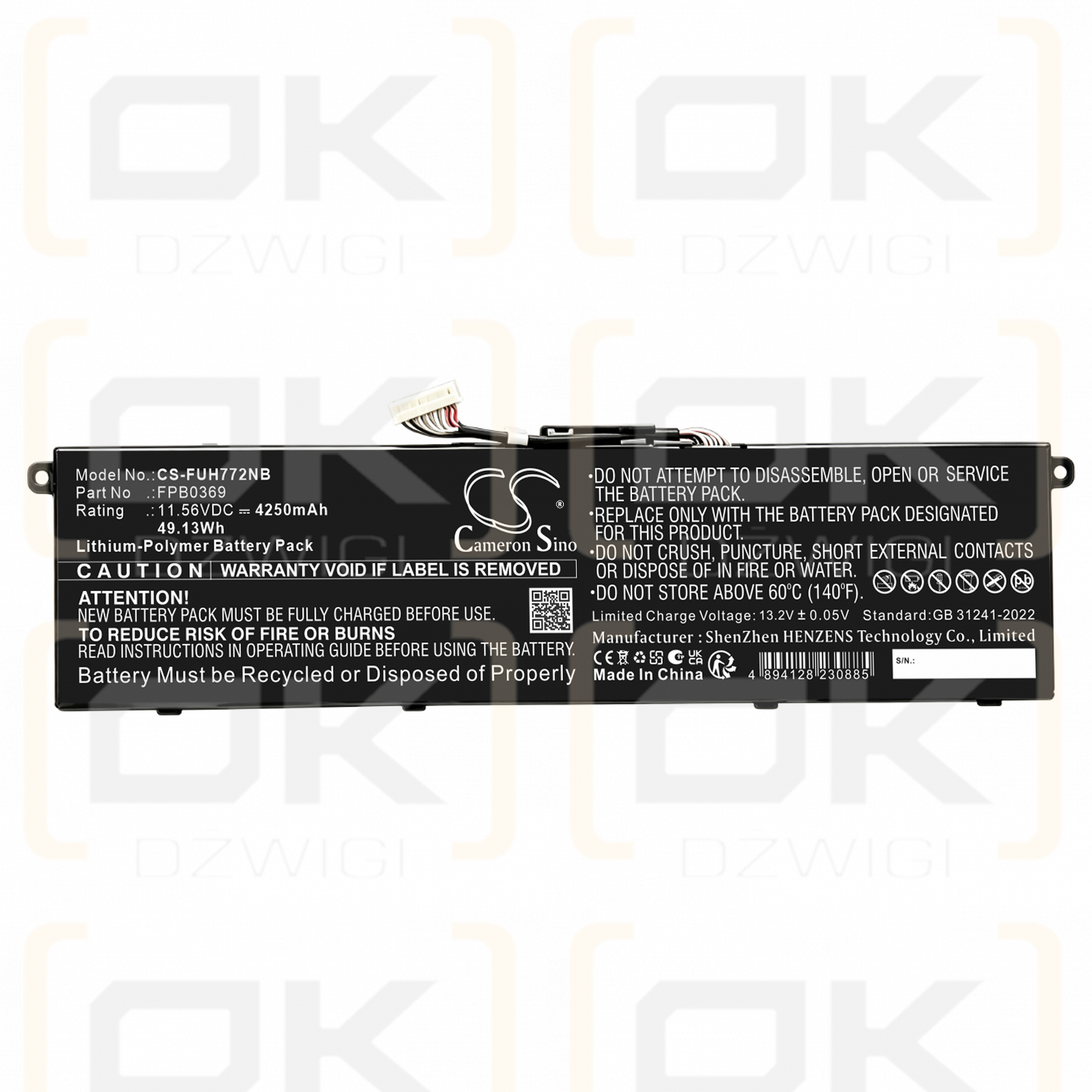 Replacement Battery for Fujitsu WAB/H1 / CP813907-01 4250 mAh Li-Polymer 11.56 V (Cameron Sino)