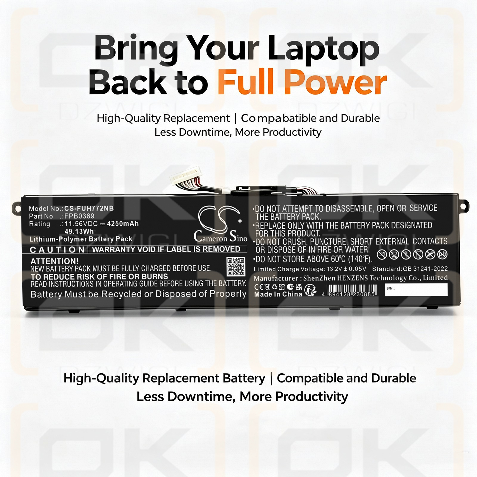Replacement Battery for Fujitsu WAB/H1 / CP813907-01 4250 mAh Li-Polymer 11.56 V (Cameron Sino)