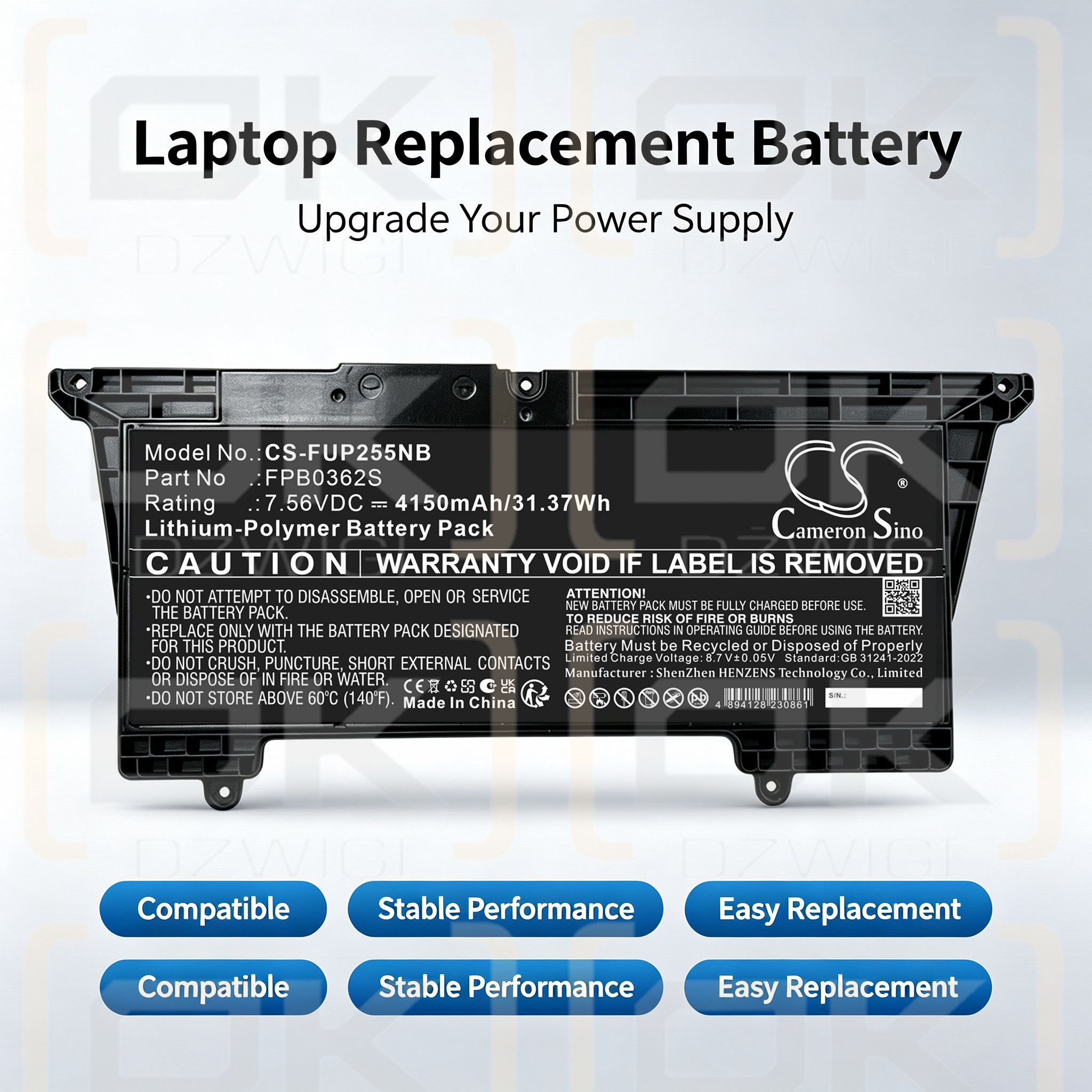 Replacement Battery for Fujitsu / FMVNBP255 4150 mAh Li-Polymer 7.56 V (Cameron Sino)
