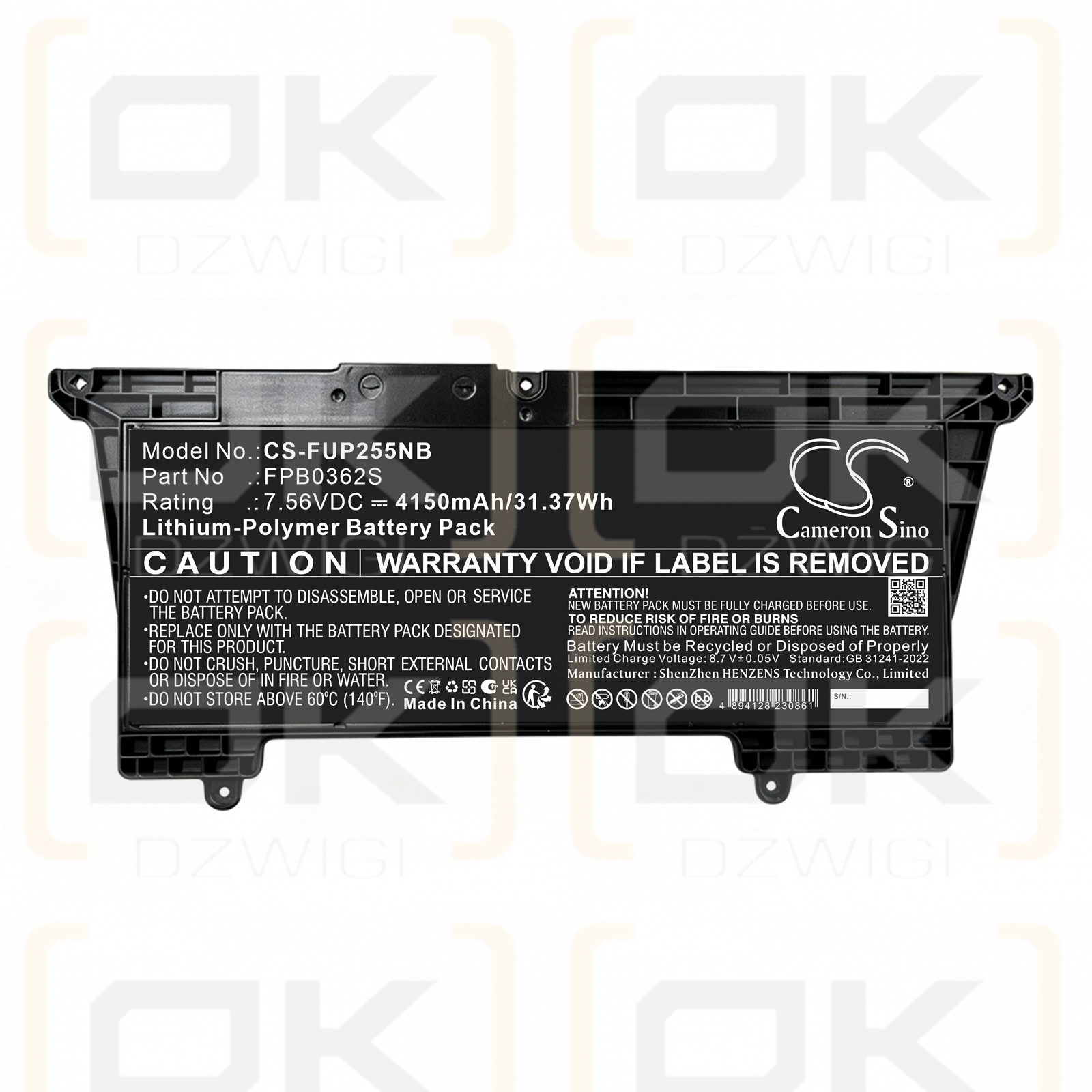 Replacement Battery for Fujitsu / FMVNBP255 4150 mAh Li-Polymer 7.56 V (Cameron Sino)
