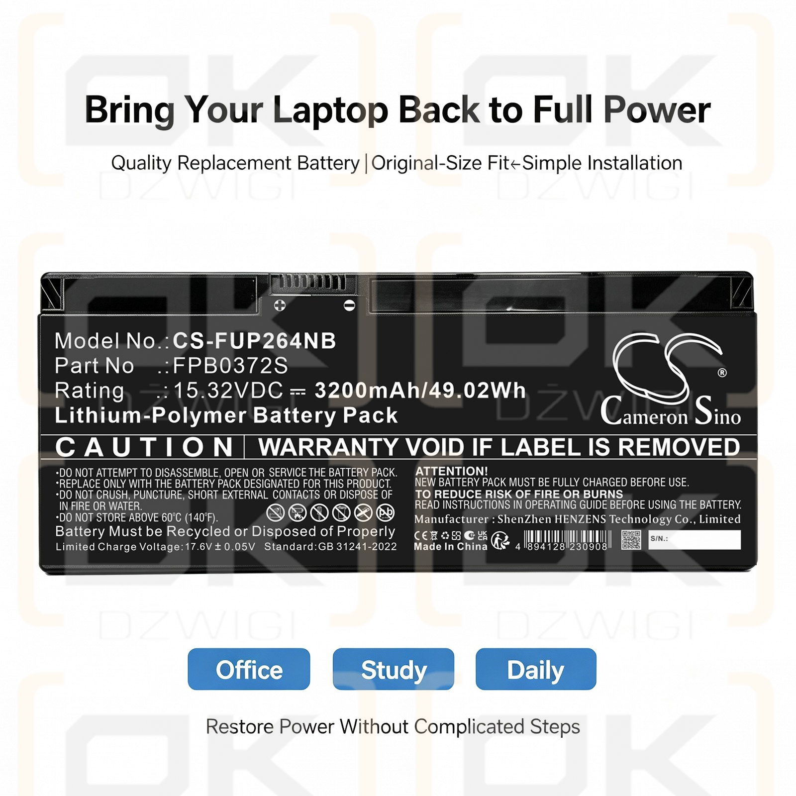 Replacement Battery for Fujitsu / CP849252 3200 mAh Li-Polymer 15.32 V (Cameron Sino)