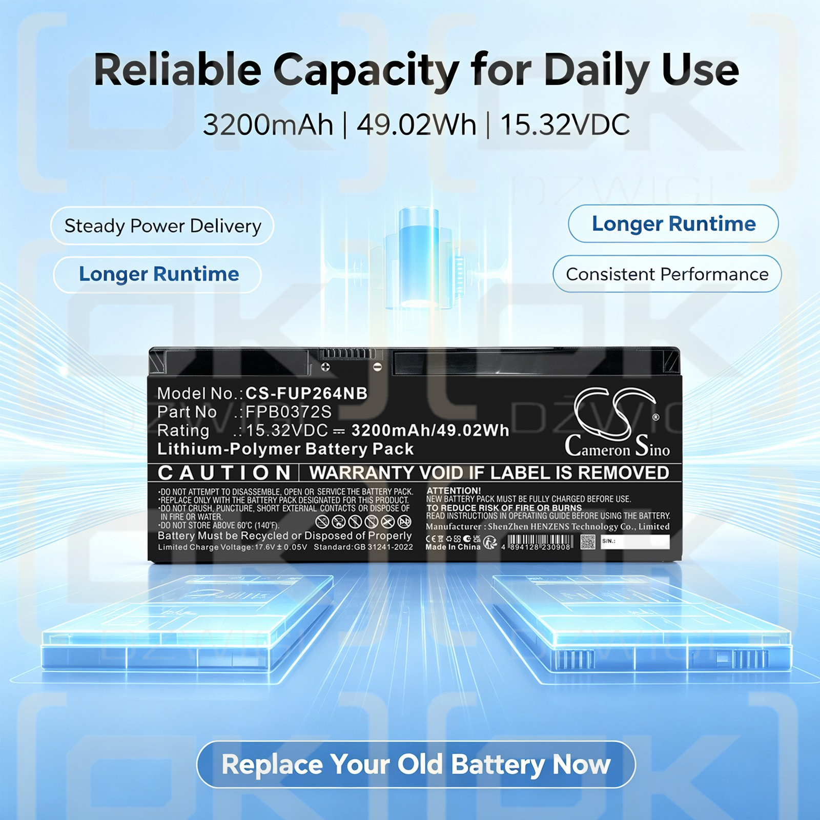 Replacement Battery for Fujitsu / CP849252 3200 mAh Li-Polymer 15.32 V (Cameron Sino)