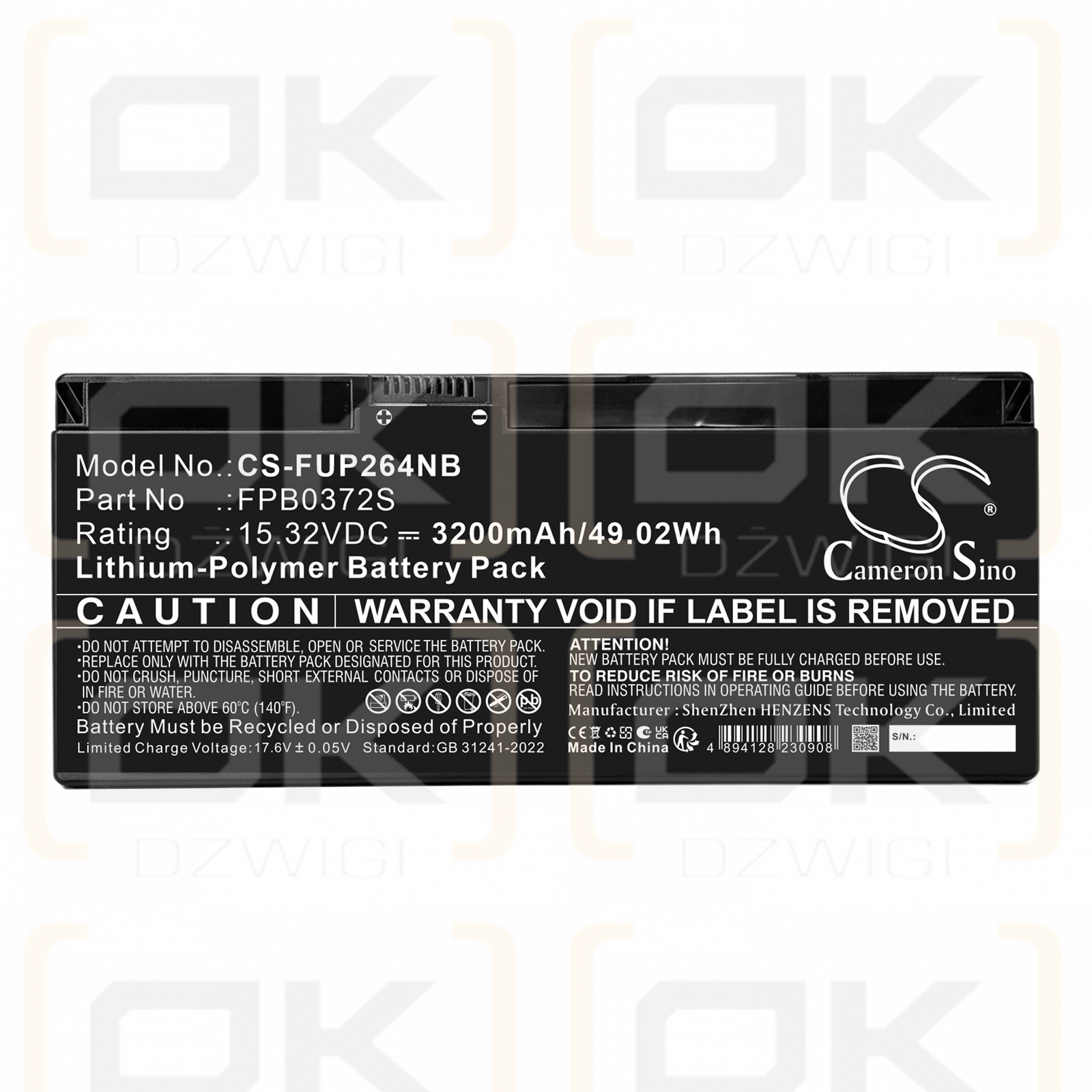 Replacement Battery for Fujitsu / CP849252 3200 mAh Li-Polymer 15.32 V (Cameron Sino)