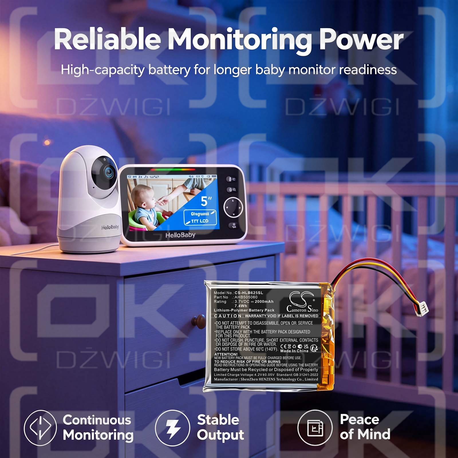 Batería de repuesto para monitor de bebé HelloBaby HB40 / AHB505060, 2000 mAh, polímero de litio, 3,7 V (Cameron Sino)