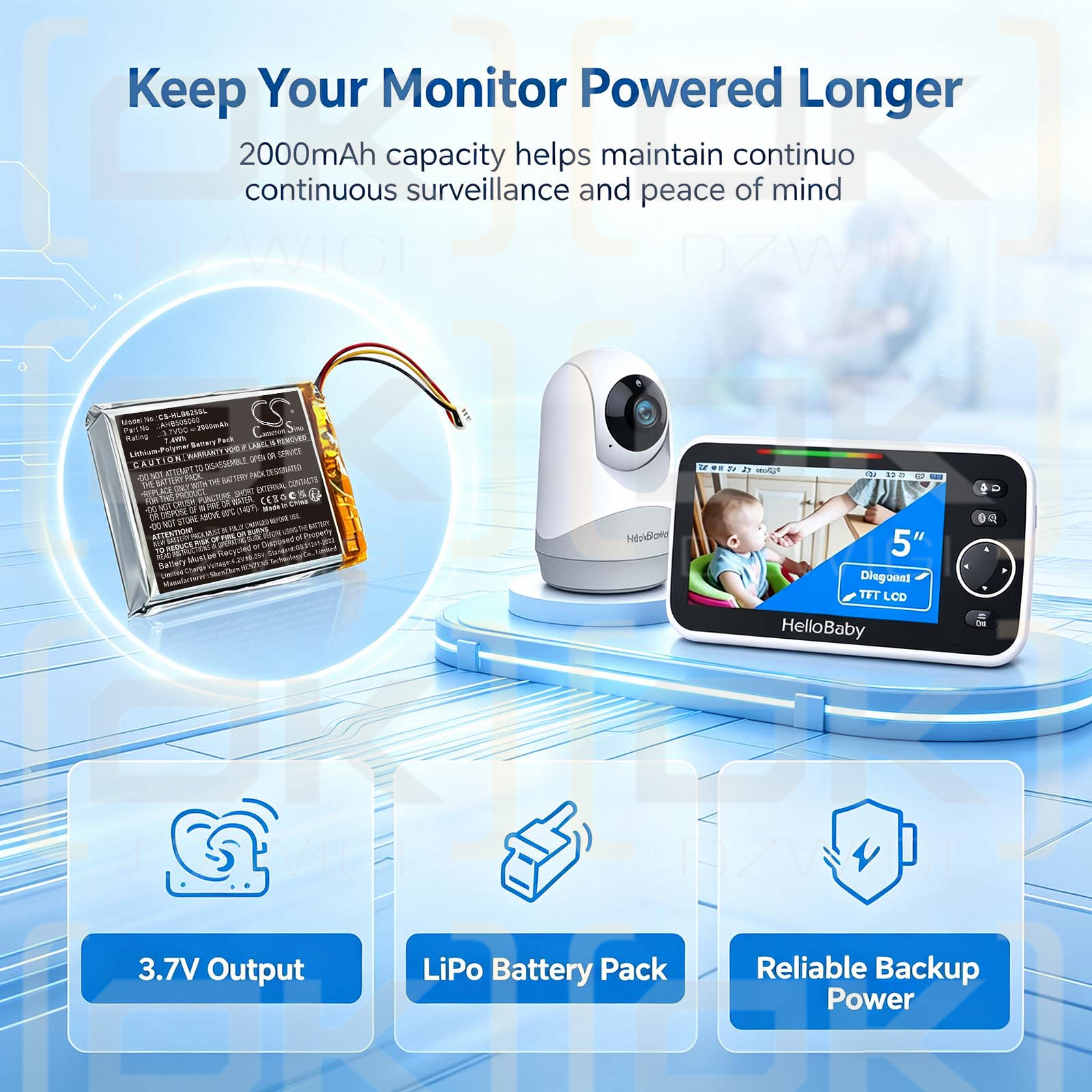 Batería de repuesto para monitor de bebé HelloBaby HB40 / AHB505060, 2000 mAh, polímero de litio, 3,7 V (Cameron Sino)