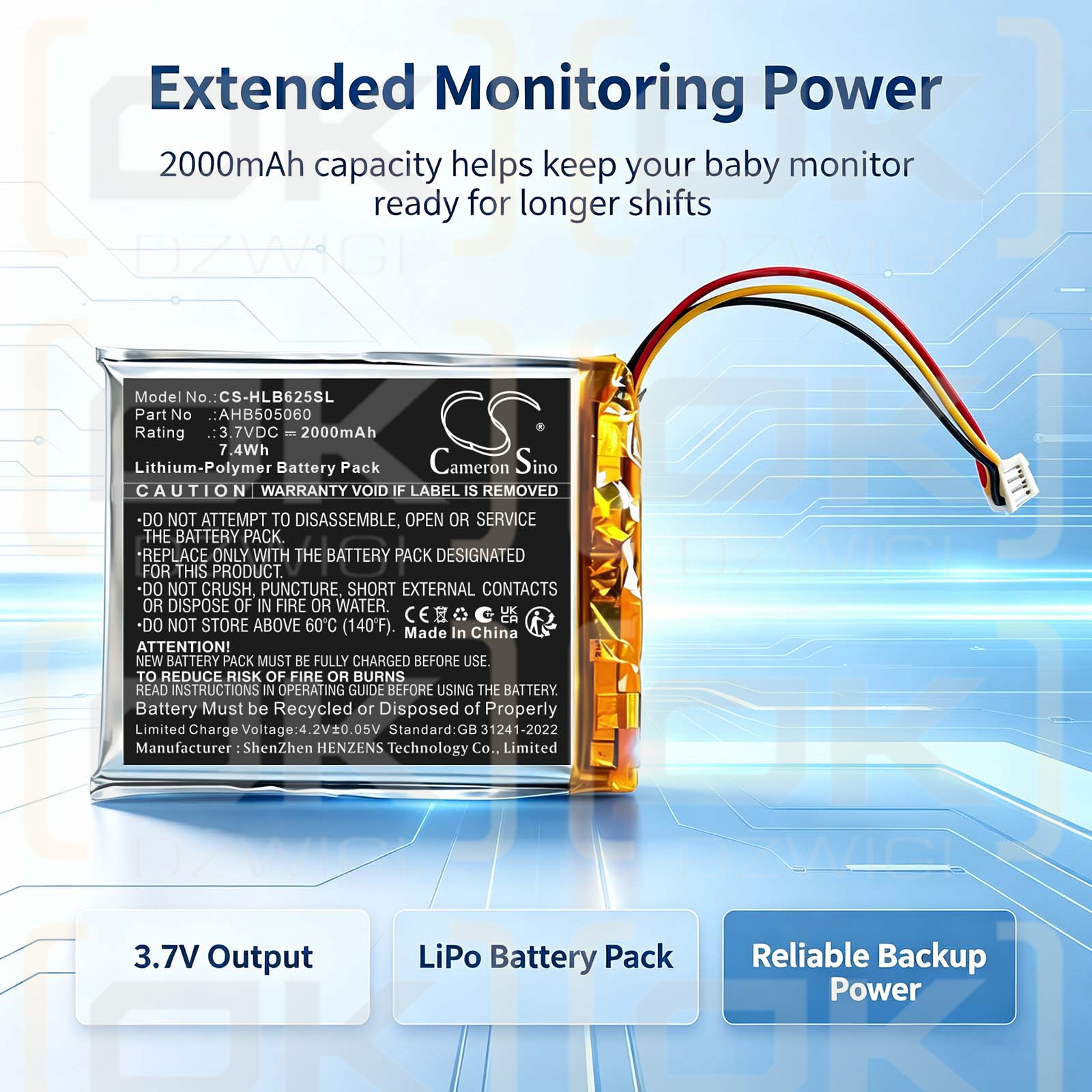 Batería de repuesto para monitor de bebé HelloBaby HB40 / AHB505060, 2000 mAh, polímero de litio, 3,7 V (Cameron Sino)
