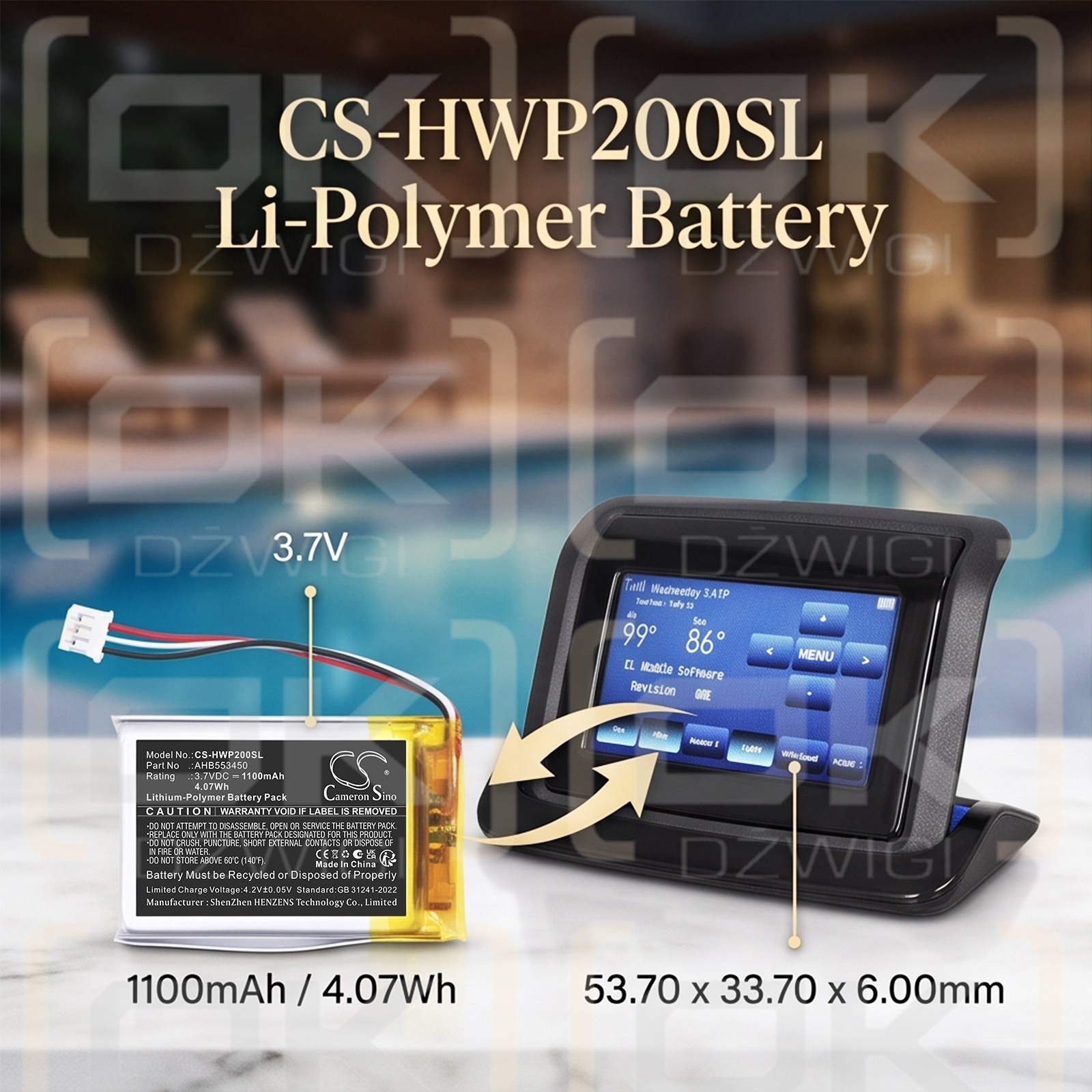 Batería de repuesto para el control remoto inalámbrico Hayward AQL2-POD2 AquaPod / AHB553450 1100 mAh Li-Polymer 3.7 V (Cameron Sino)