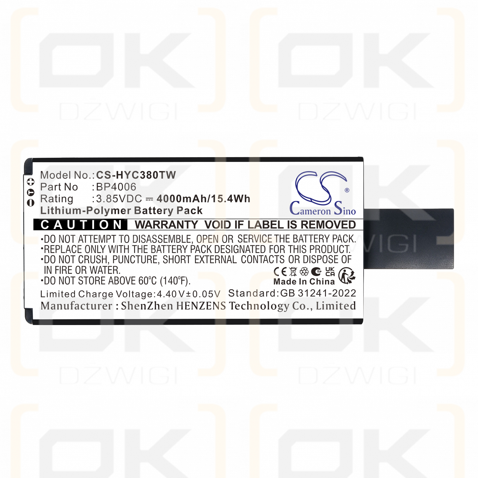 Batería de repuesto para radio Hytera PNC380 POC / BP4006, 4000 mAh, polímero de litio, 3,85 V (Cameron Sino)