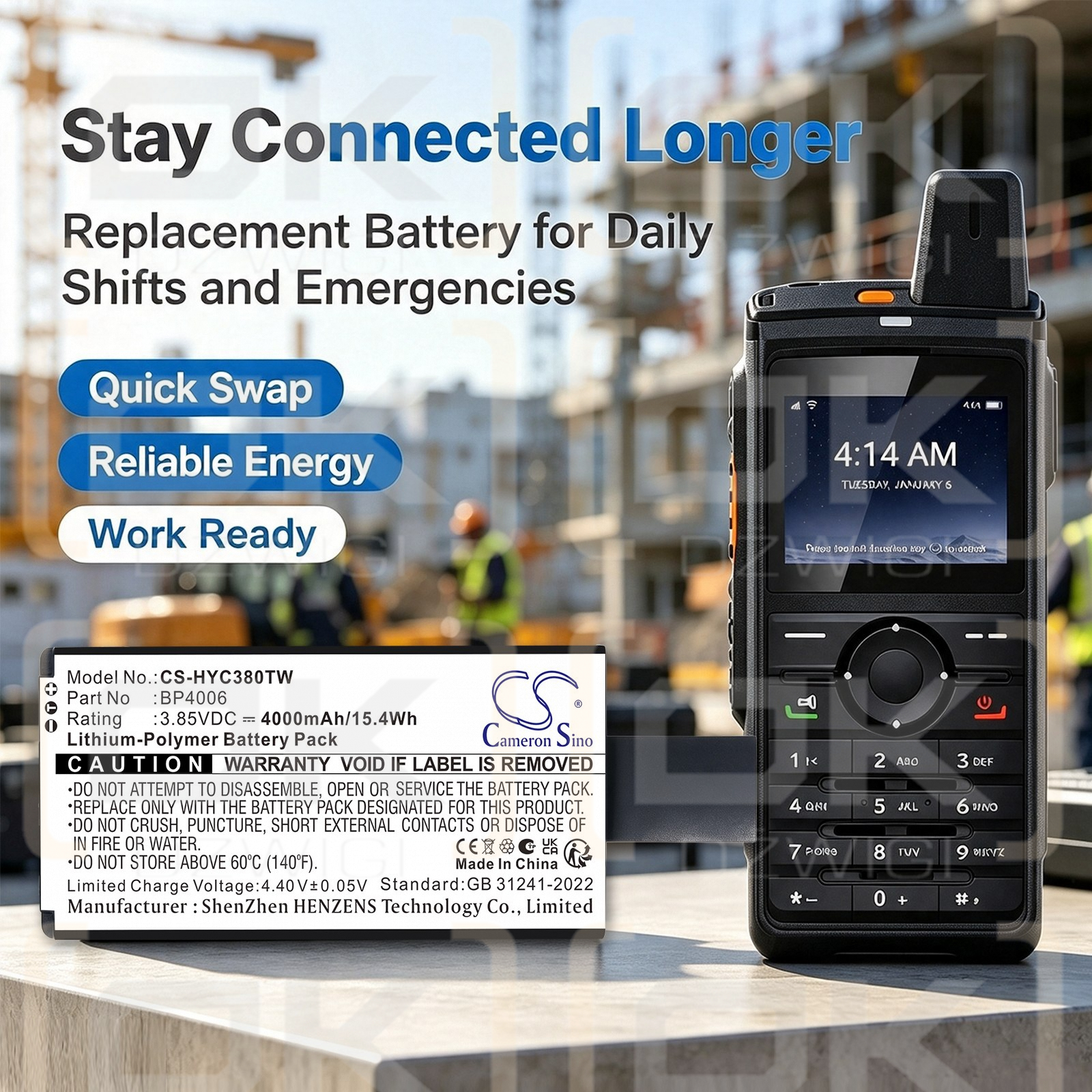 Batería de repuesto para radio Hytera PNC380 POC / BP4006, 4000 mAh, polímero de litio, 3,85 V (Cameron Sino)