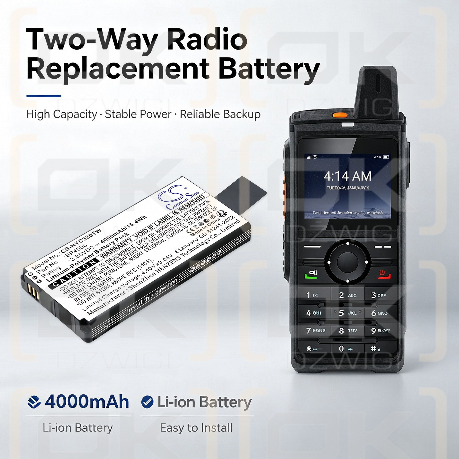 Batería de repuesto para radio Hytera PNC380 POC / BP4006, 4000 mAh, polímero de litio, 3,85 V (Cameron Sino)