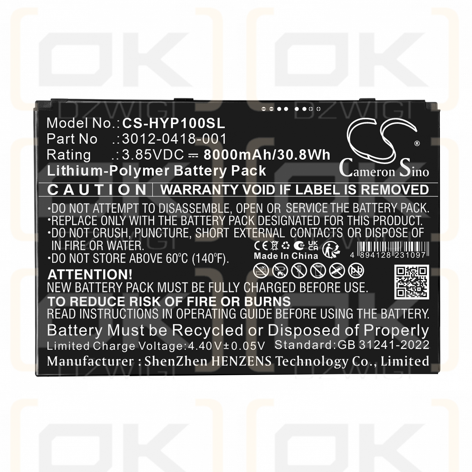 Ersatzakku für Honeywell ScanPal EDA10A / 3012-0418-001 8000 mAh Li-Polymer 3,85 V (Cameron Sino)