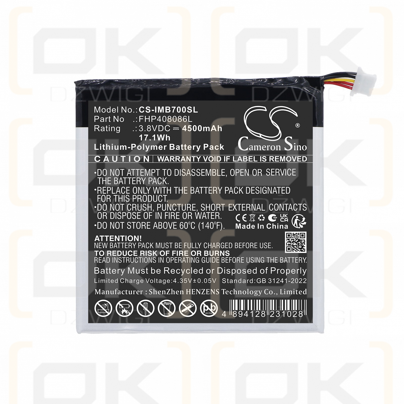 Batería de repuesto para Ingenico Moby / FHP408086L 4500 mAh Li-Polymer 3.8 V (Cameron Sino)