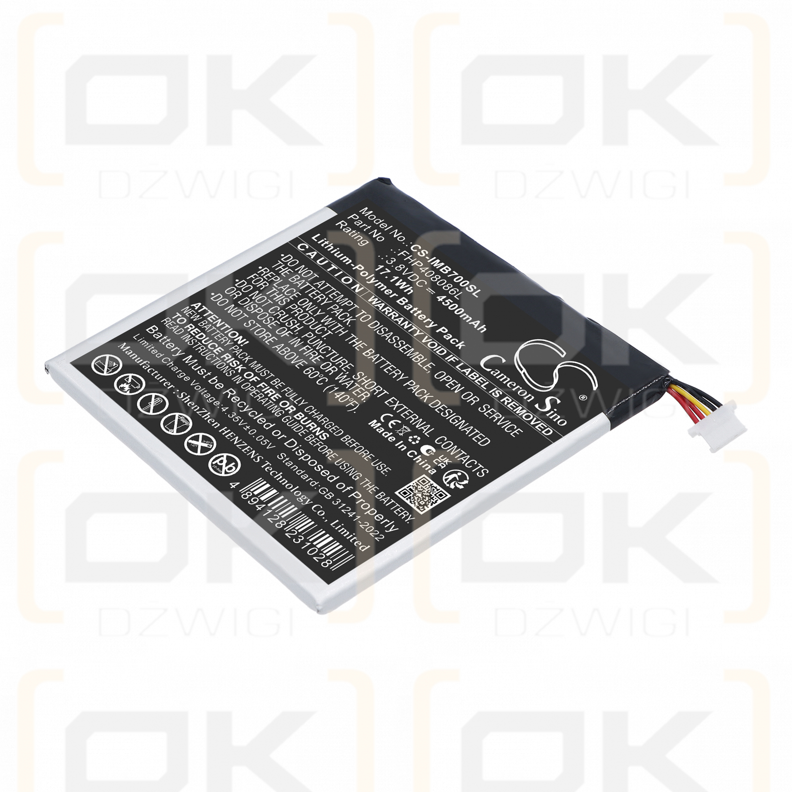 Batería de repuesto para Ingenico Moby / FHP408086L 4500 mAh Li-Polymer 3.8 V (Cameron Sino)