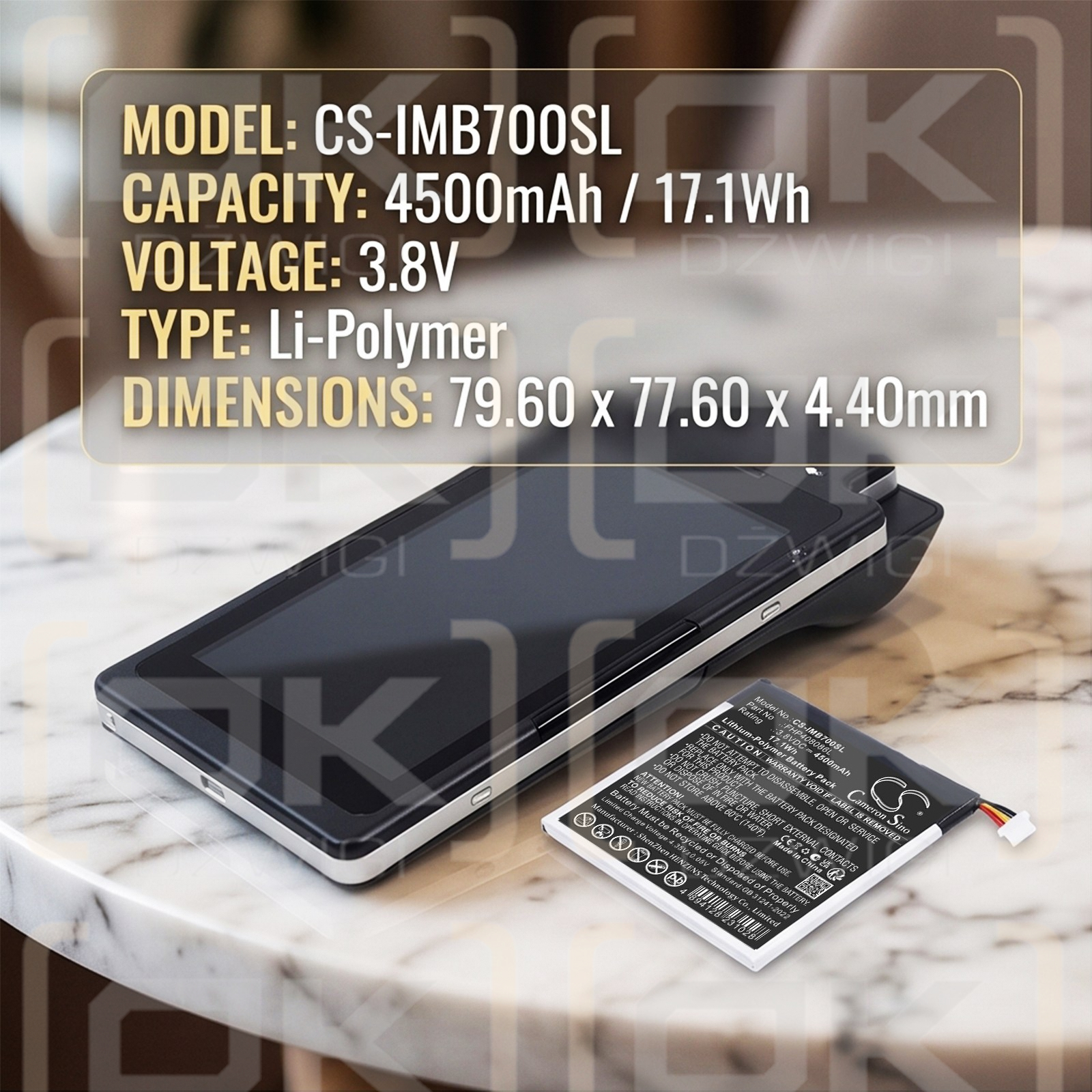 Batería de repuesto para Ingenico Moby / FHP408086L 4500 mAh Li-Polymer 3.8 V (Cameron Sino)